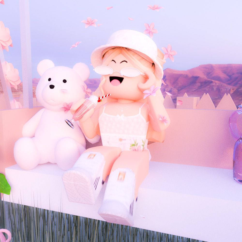 Cute Roblox Girl, white teddy bear, white hat, SD Desktop Wallpaper