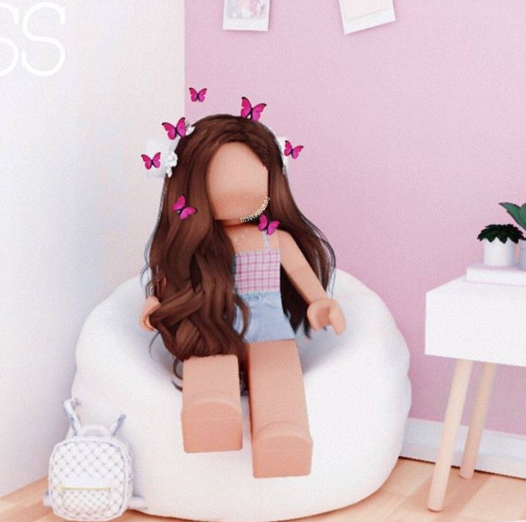 Cute Roblox Girl, pink butterflies, long brown hair, SD Desktop Wallpaper