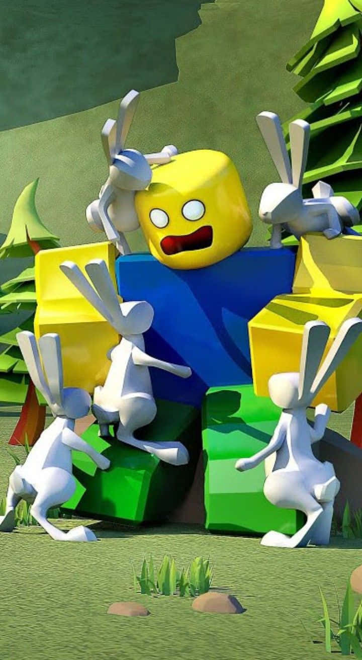 cute roblox noobs, white rabbit-like figures, blocky yellow-headed character, HD Phone Wallpaper