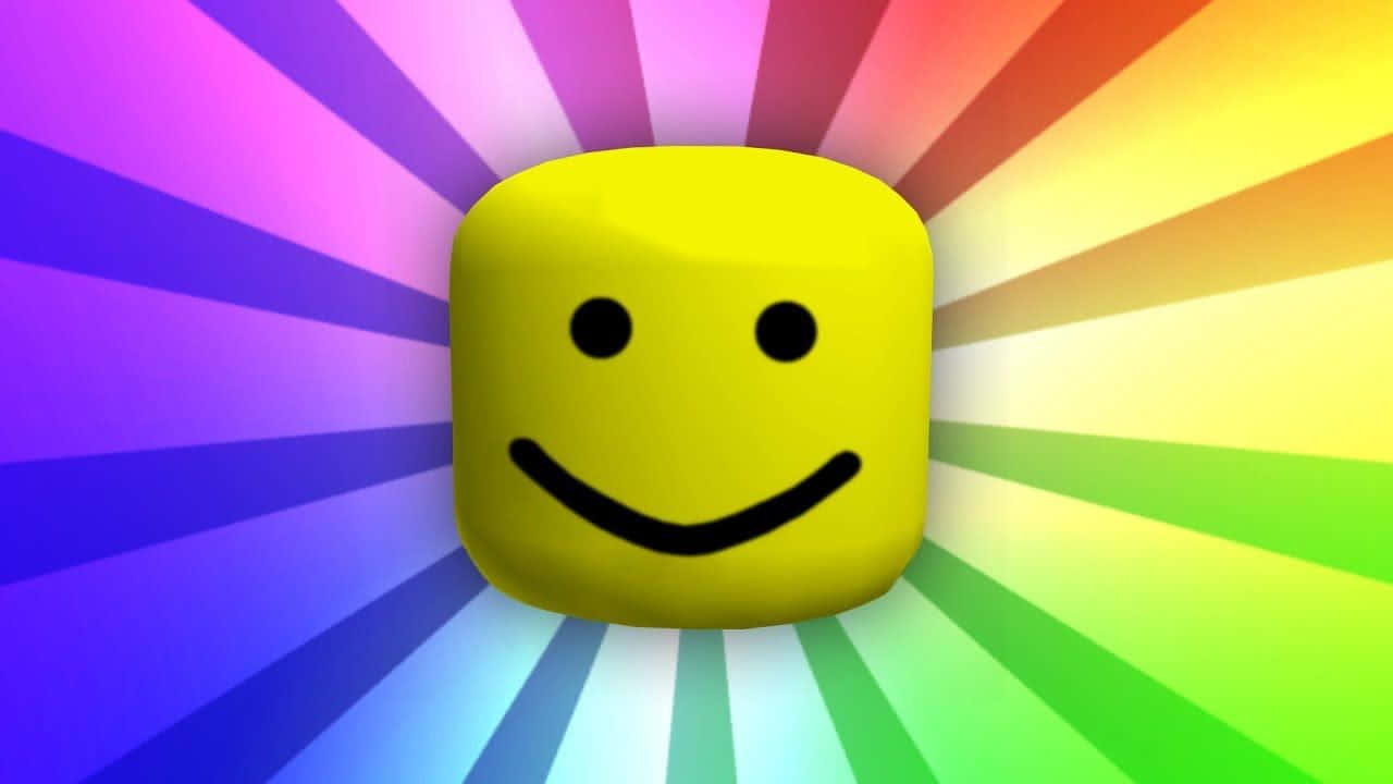 cute roblox noobs, bright yellow blocky smiley face, vibrant rainbow radial burst background, HD Desktop Wallpaper