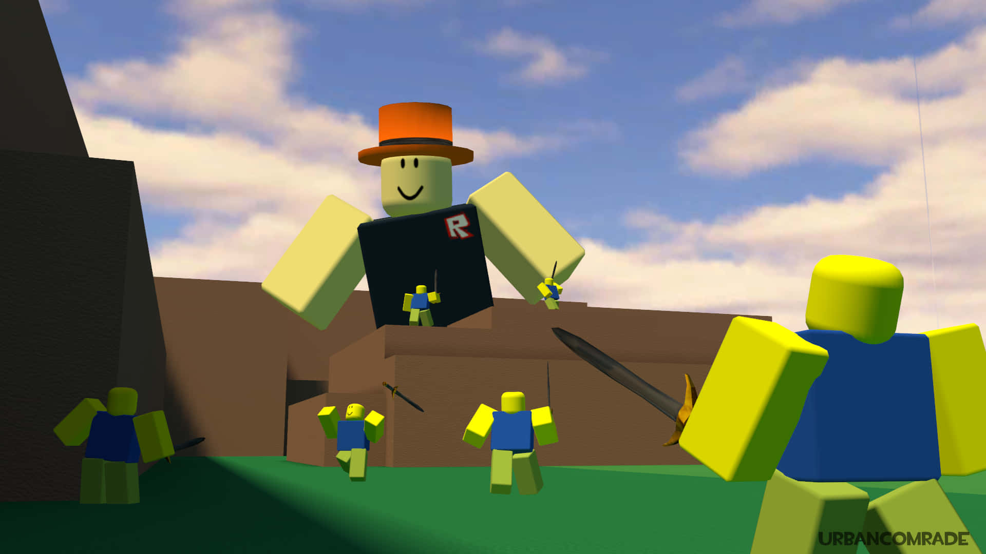 Roblox-style blocky avatars, yellow heads, blue shirts, Full HD Desktop Wallpaper