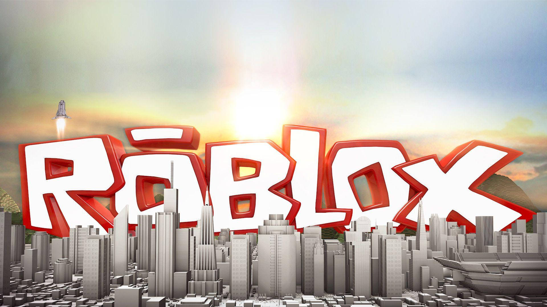 Roblox, red Roblox logo, gray cityscape, Full HD Desktop Wallpaper
