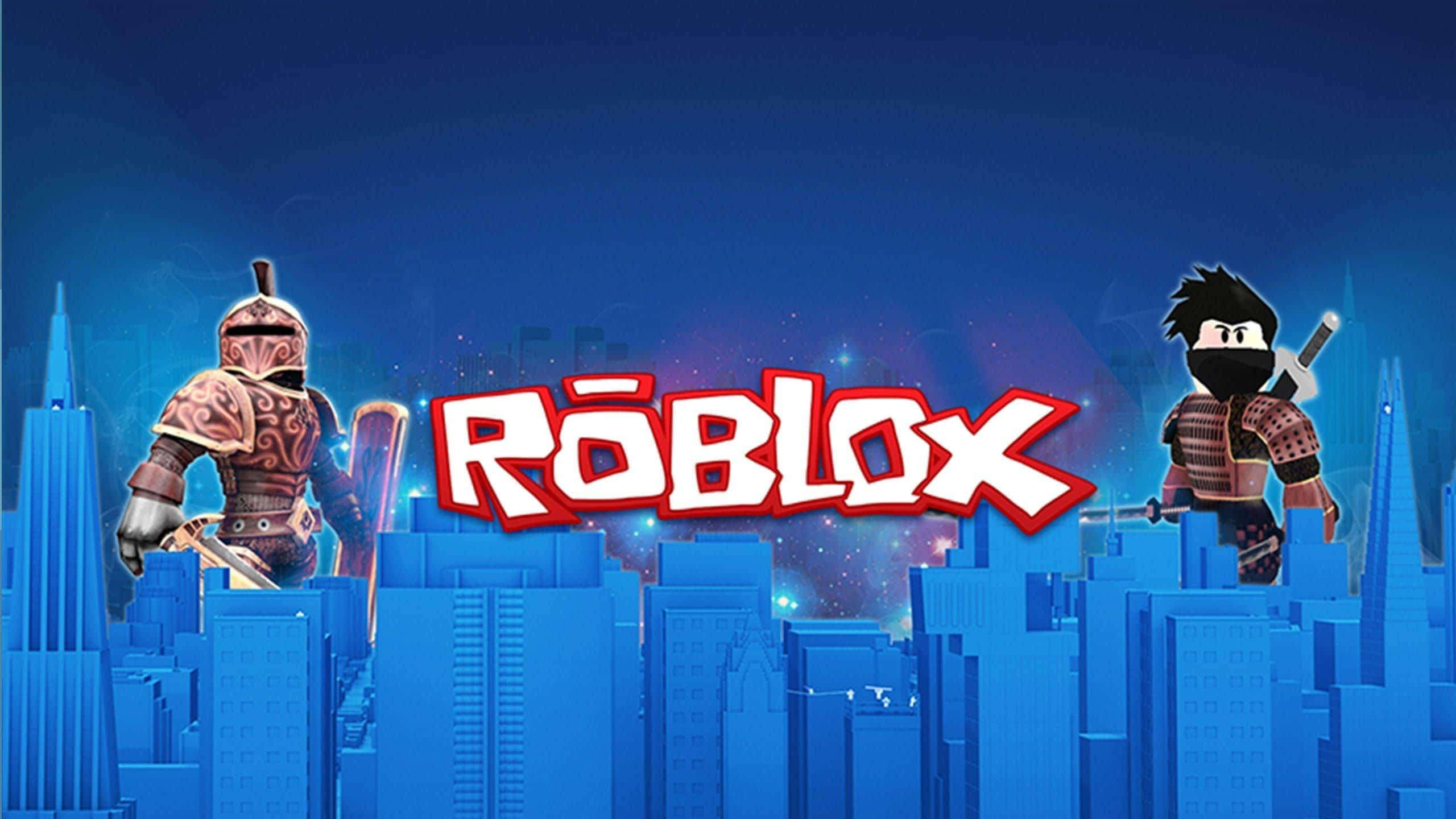 Cute Roblox, glowing blue cityscape, Roblox logo, 2K Desktop Wallpaper