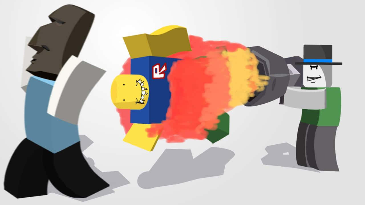 Cute Roblox, blocky cartoon characters, fiery blast, HD Desktop Wallpaper