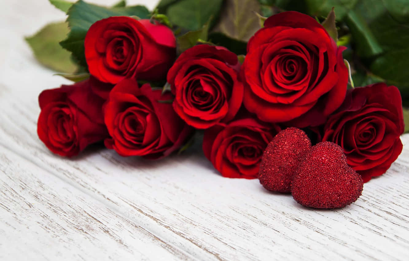 vibrant red roses, glittery red hearts, weathered white wooden surface, HD Desktop Wallpaper