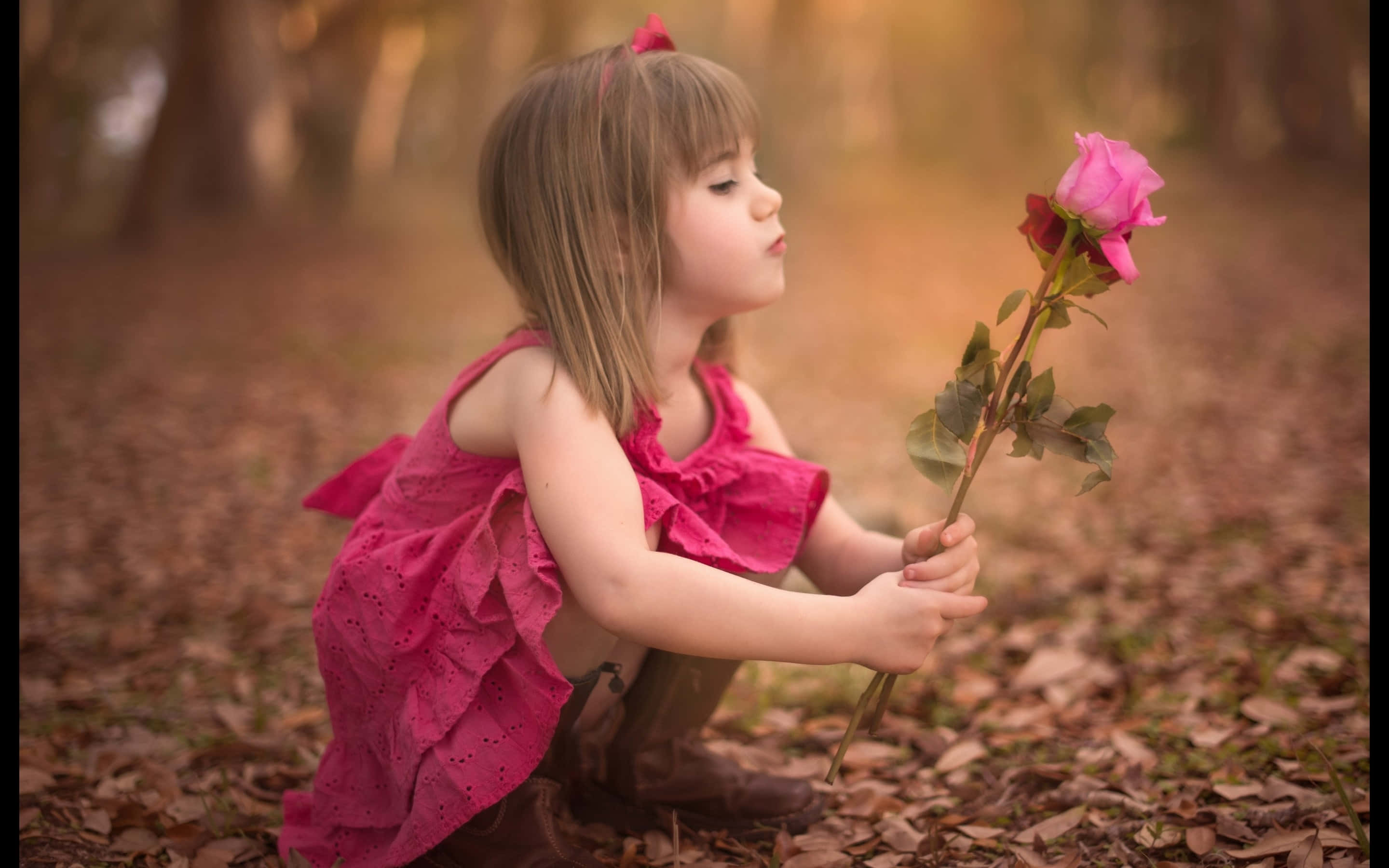 little girl, pink dress, forest, 2K Desktop Wallpaper