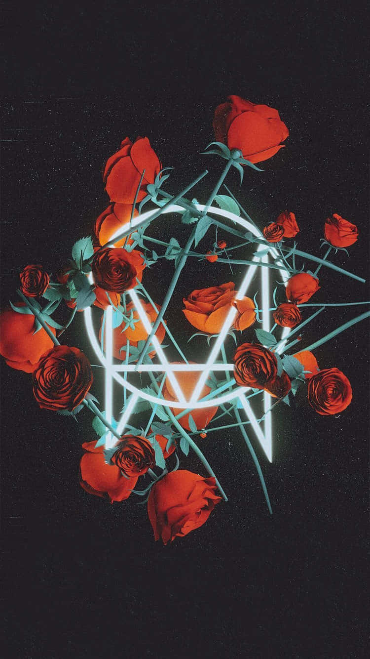 neon rose, glowing white pentagram, dark textured background, HD Phone Wallpaper