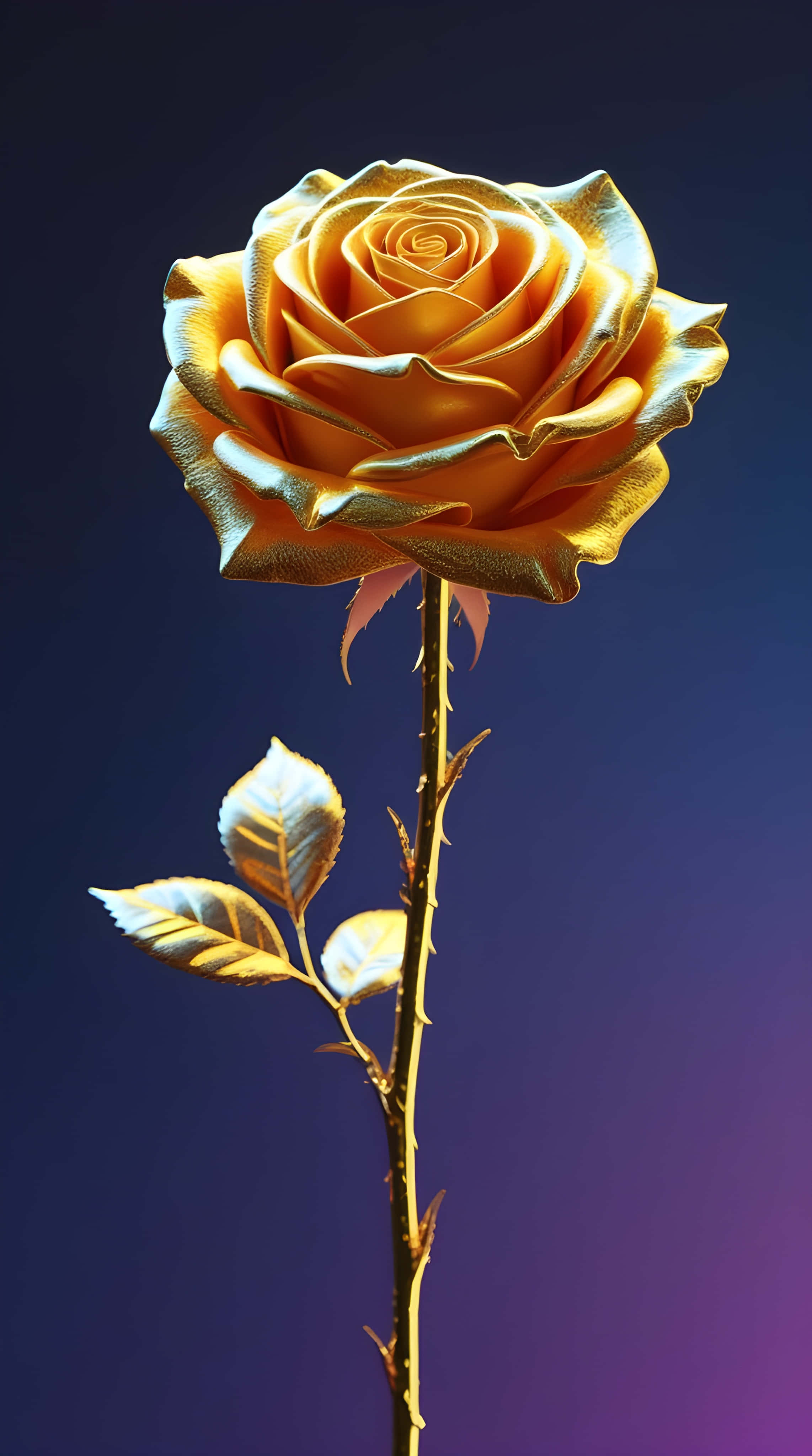 golden rose, metallic sheen, gradient purple and blue background, 4K Phone Wallpaper