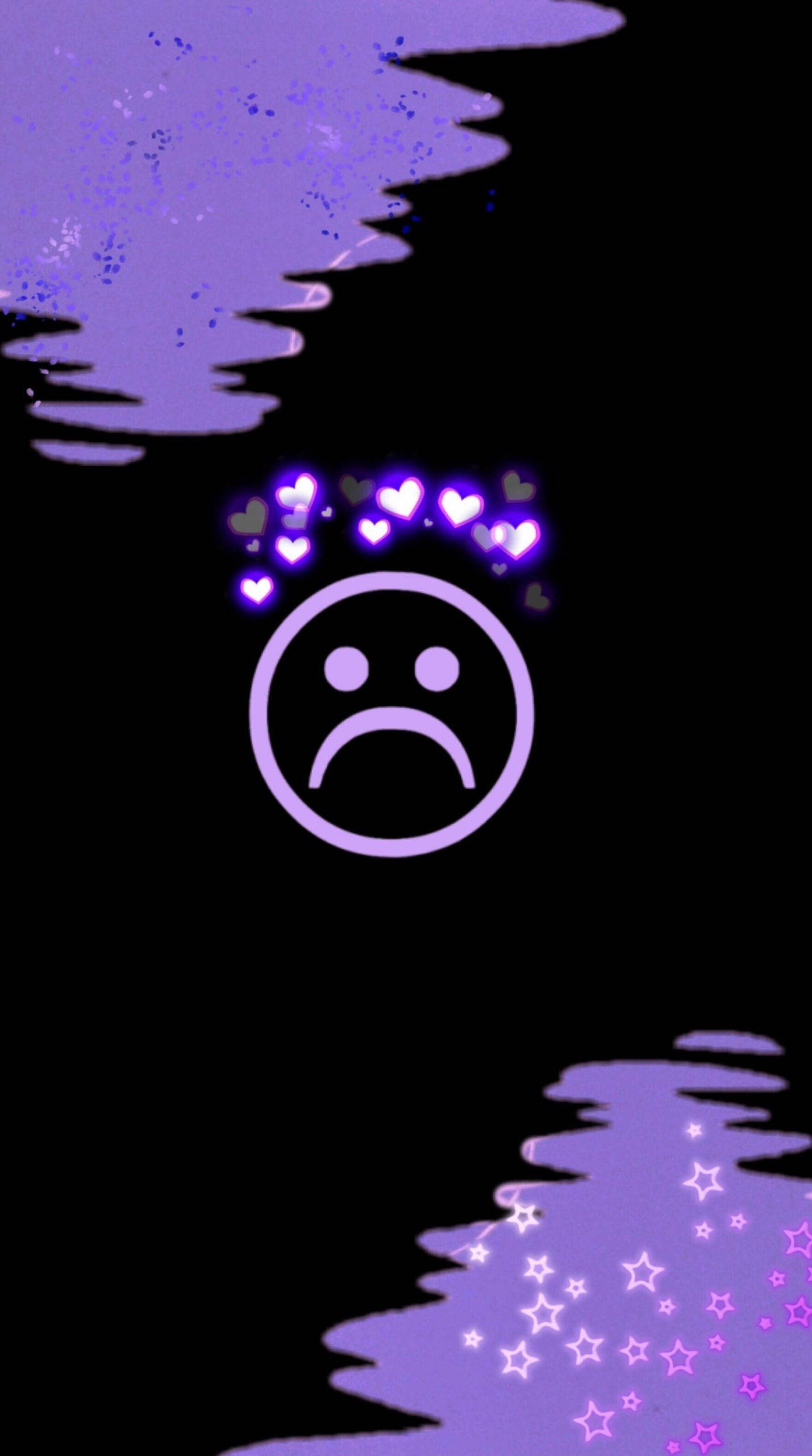 glowing purple sad face icon, cosmic purple splashes, sparkling hearts, 2K Phone Wallpaper