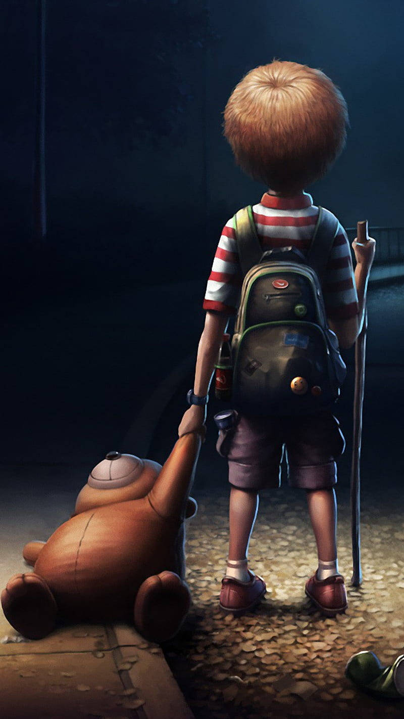 cute sad boy, teddy bear, backpack, HD Phone Wallpaper
