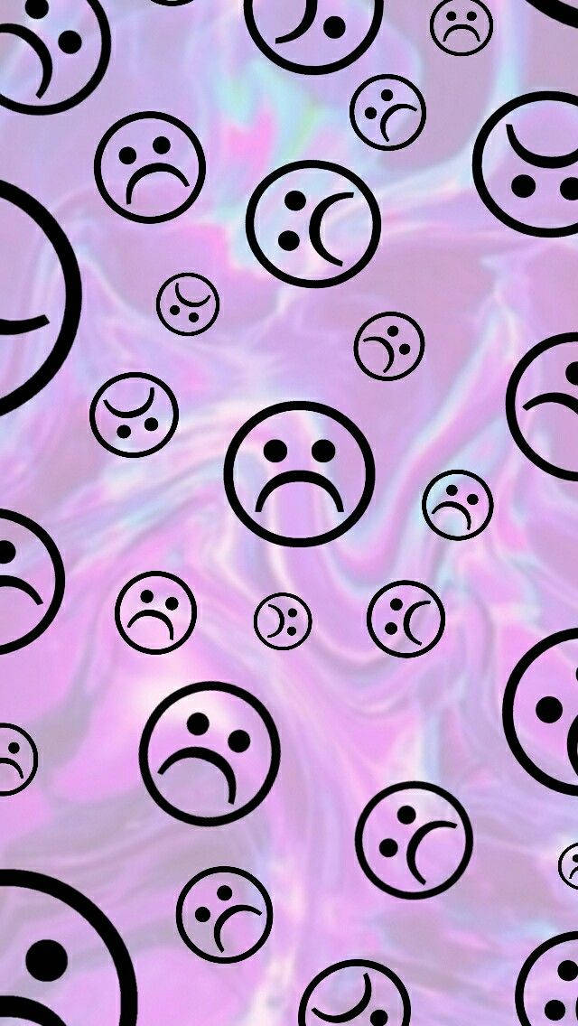 sad faces, shimmering iridescent pink, purple liquid background, SD Phone Wallpaper