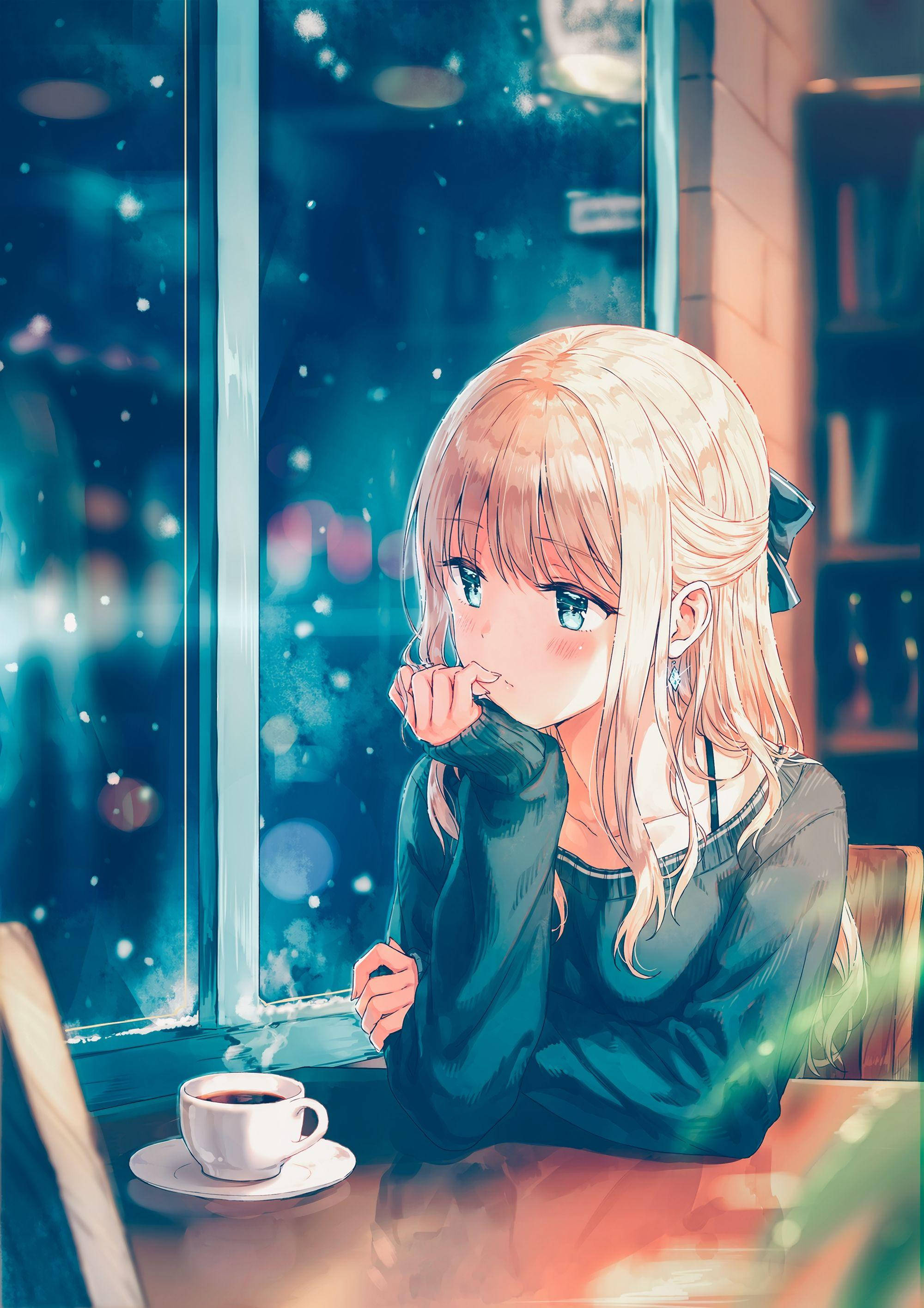 blonde anime girl, cozy cafe, cup of coffee, 2K Phone Wallpaper