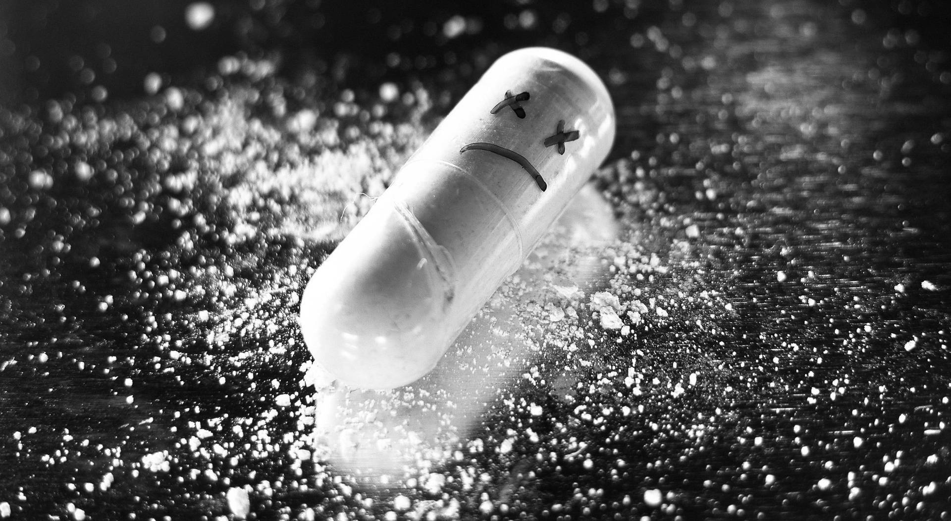 Cute Sad Capsule, black and white photo, sad-faced pill, Full HD Desktop Wallpaper