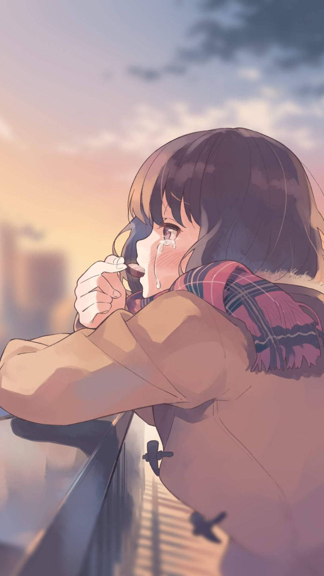 anime girl, brown hair, railing, Full HD Phone Wallpaper
