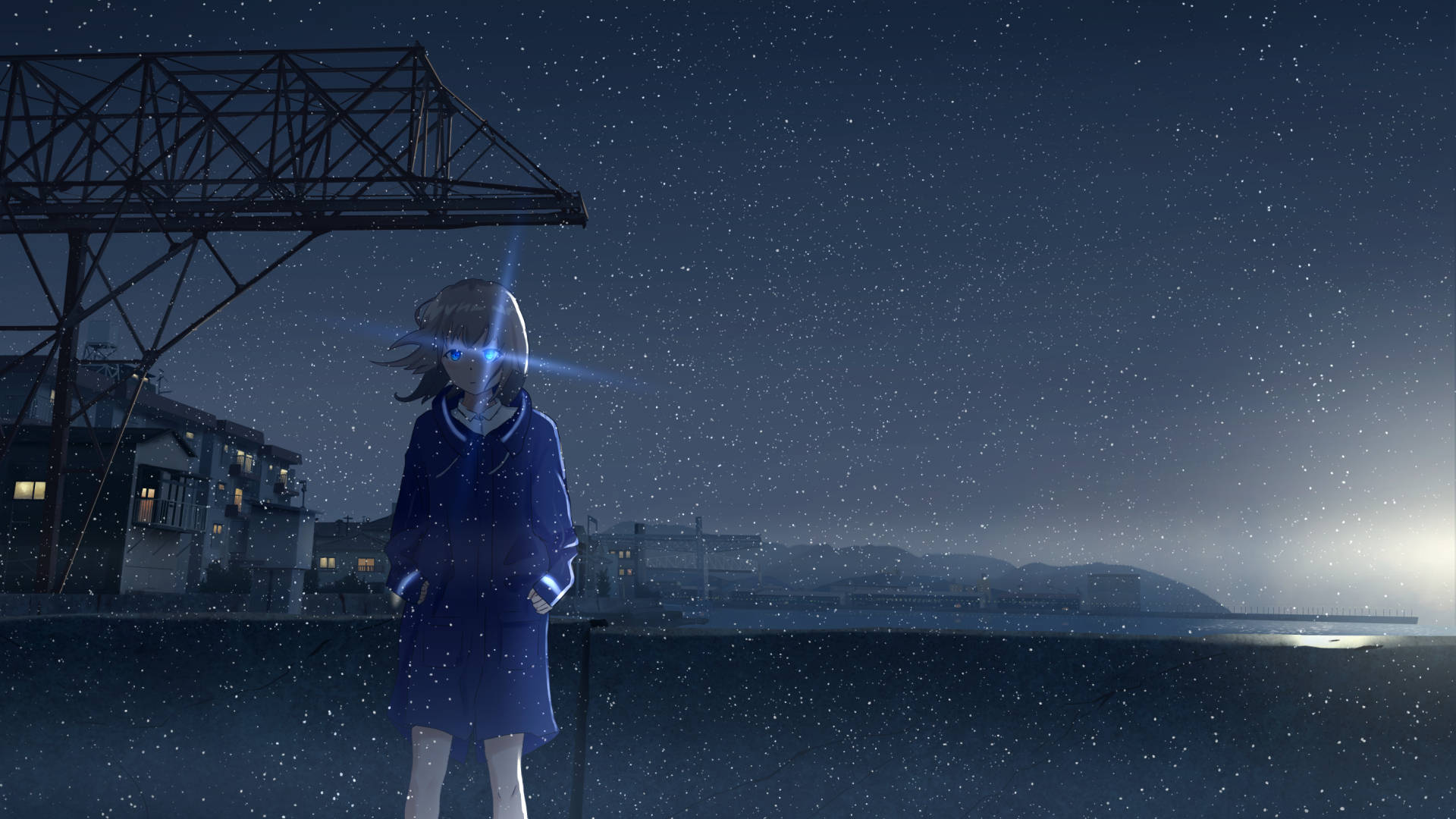 anime girl, blue coat, starry night sky, Full HD Desktop Wallpaper