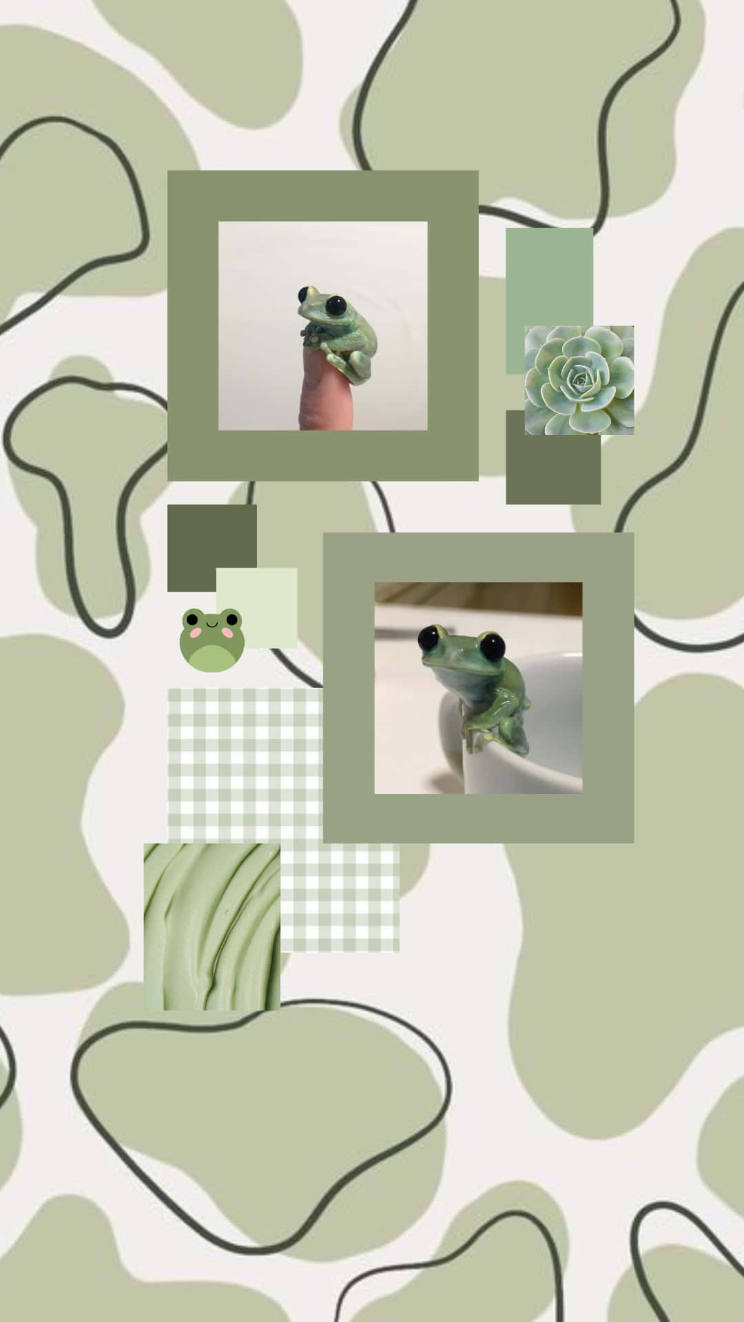 cute sage green frogs, frame, abstract olive and cream shapes, Full HD Phone Wallpaper