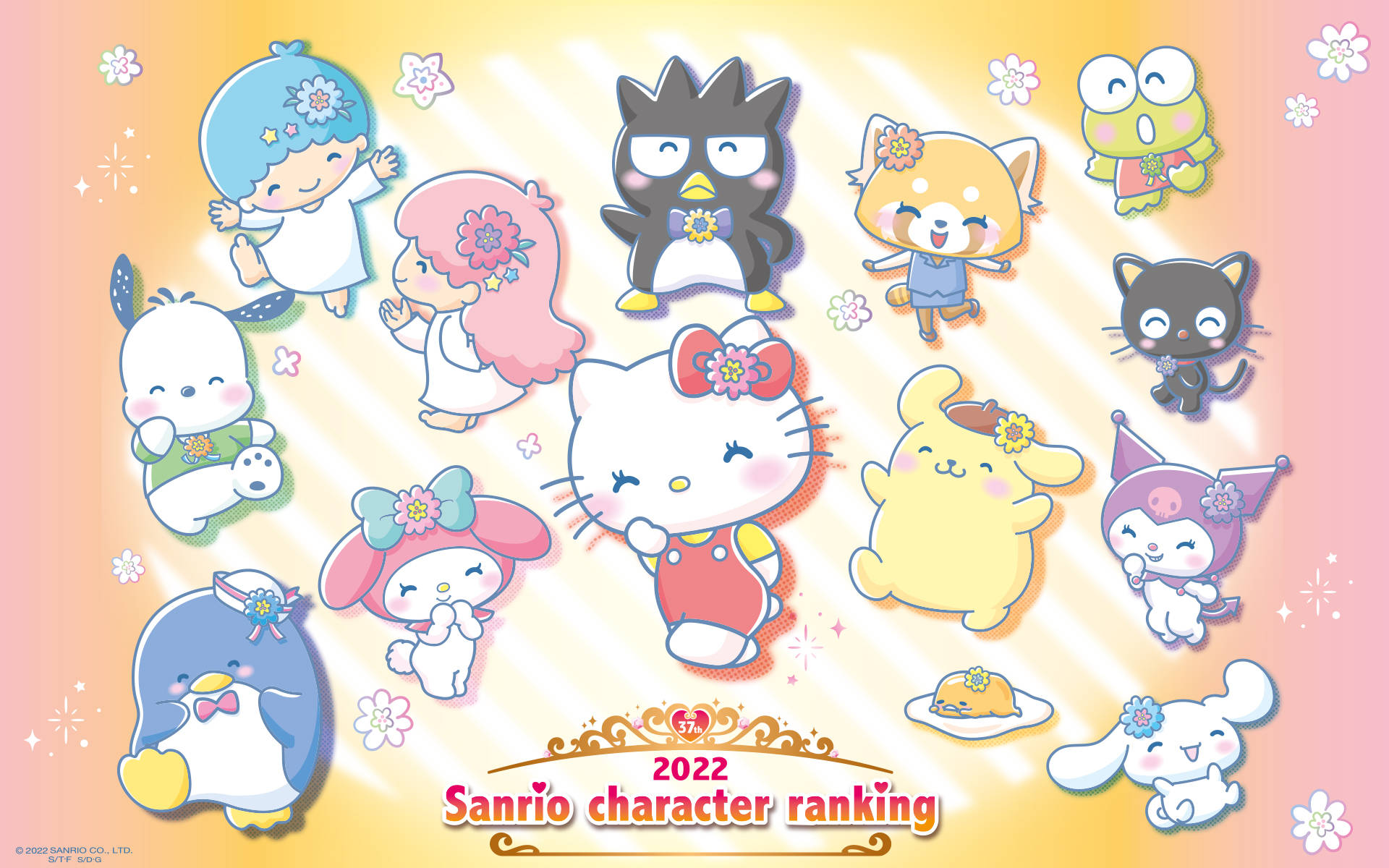 Sanrio characters, pastel outfits, radiant gradient background, Full HD Desktop Wallpaper