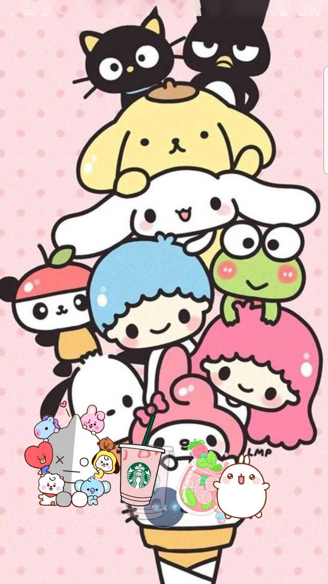 Sanrio, pink polka dot background, drinks, Full HD Phone Wallpaper