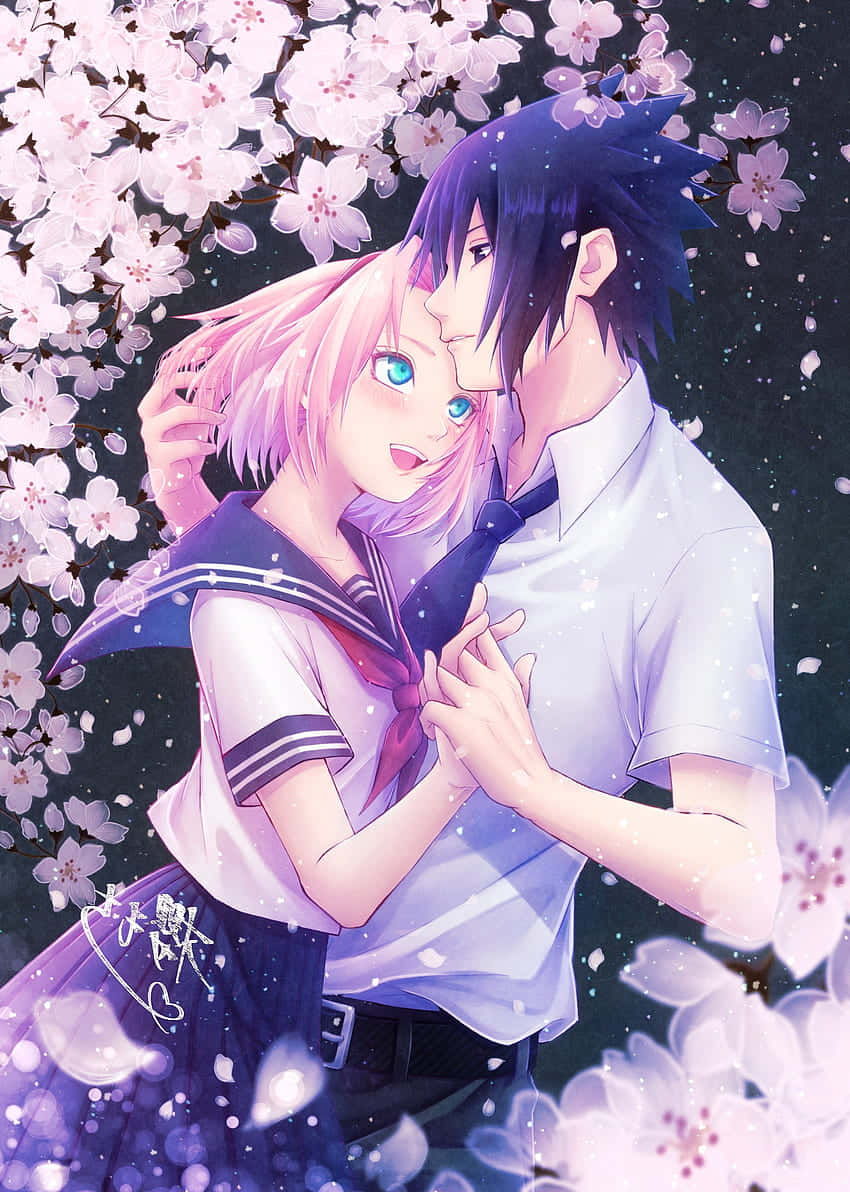 Cute Sasuke, pink cherry blossoms, dark night sky, SD Phone Wallpaper