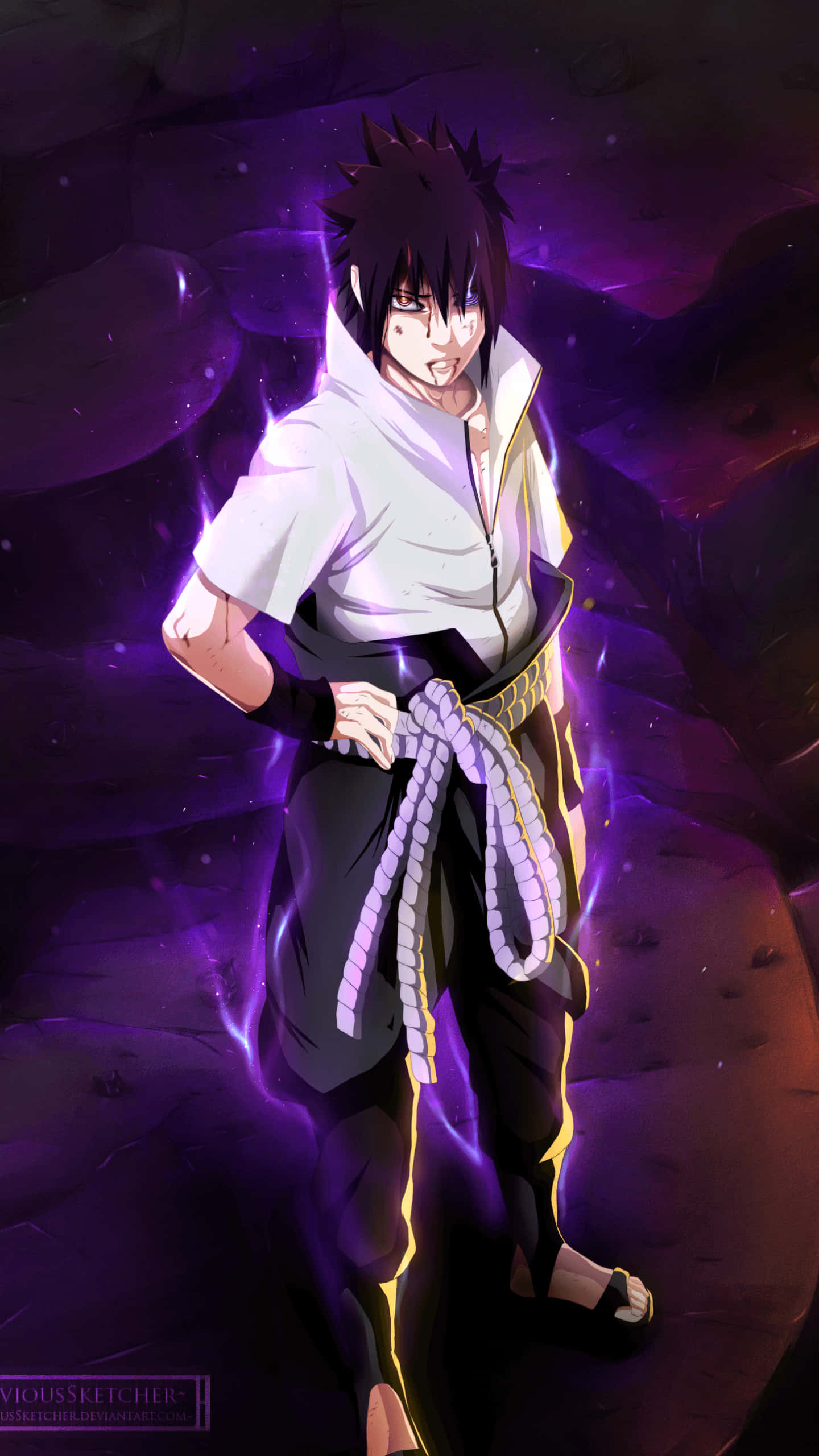 Cute Sasuke, spiky black hair, glowing purple chakra, 2K Phone Wallpaper