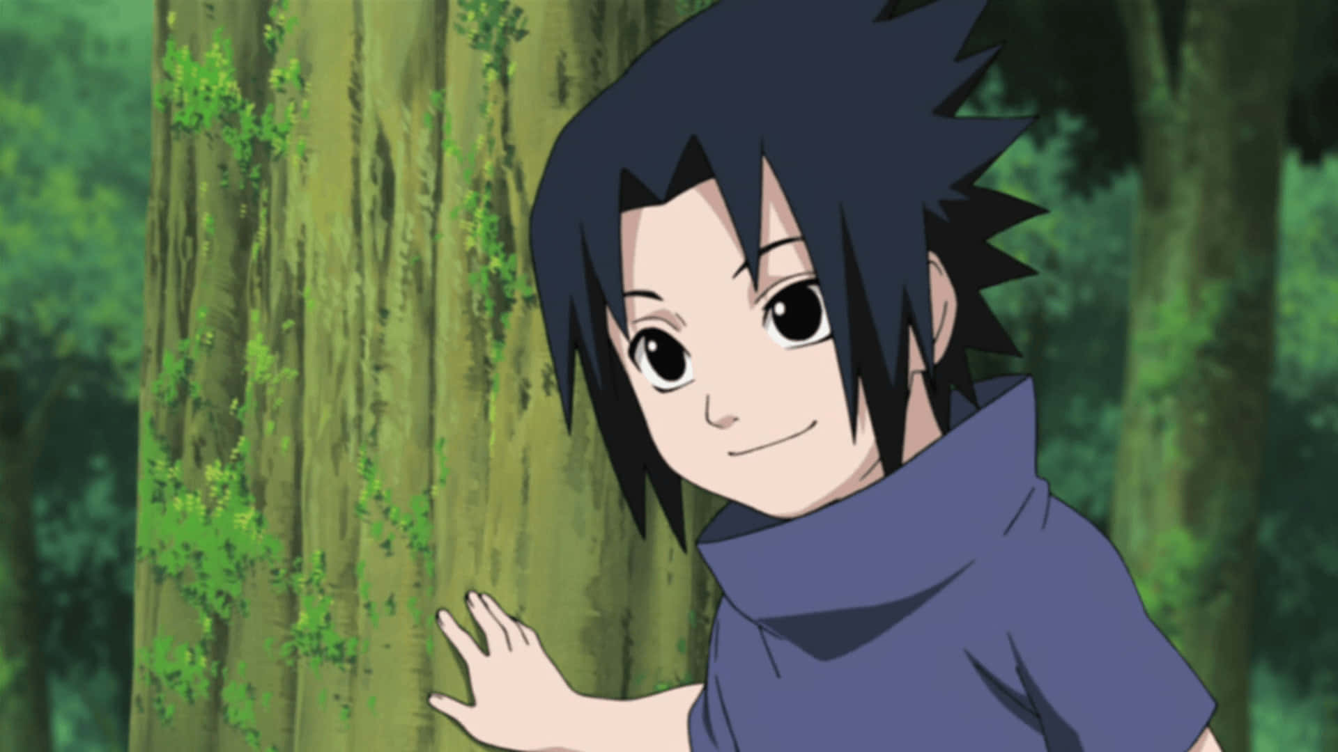 Cute Sasuke, spiky black hair, mossy tree trunk, Full HD Desktop Wallpaper
