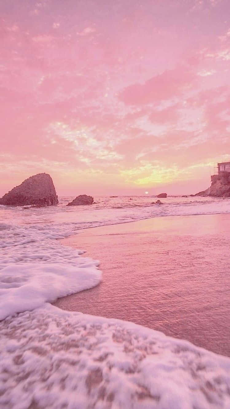 pink sunset, tranquil beach, foamy waves, HD Phone Wallpaper