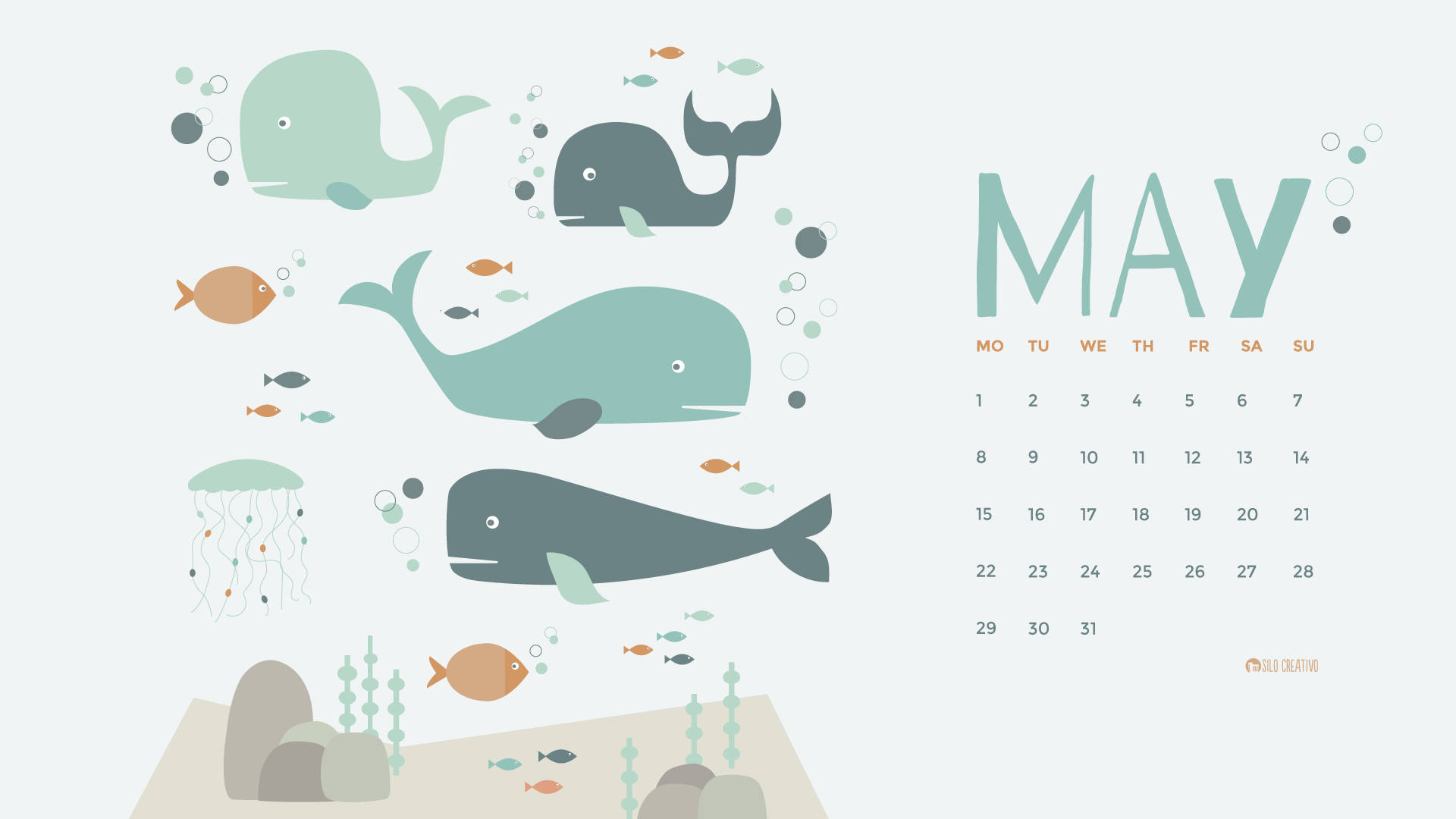 May 2022 Calendar, pastel-colored, illustrated underwater scene, Full HD Desktop Wallpaper
