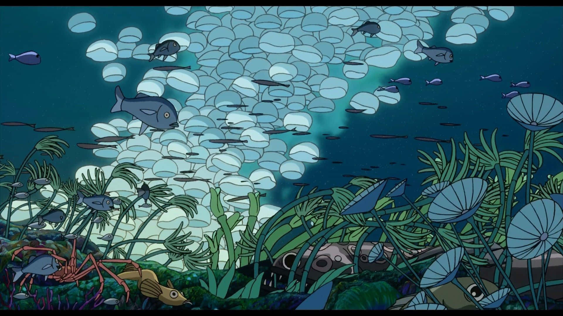 studio ghibli aesthetic, underwater scene, schools of fish, Full HD Desktop Wallpaper