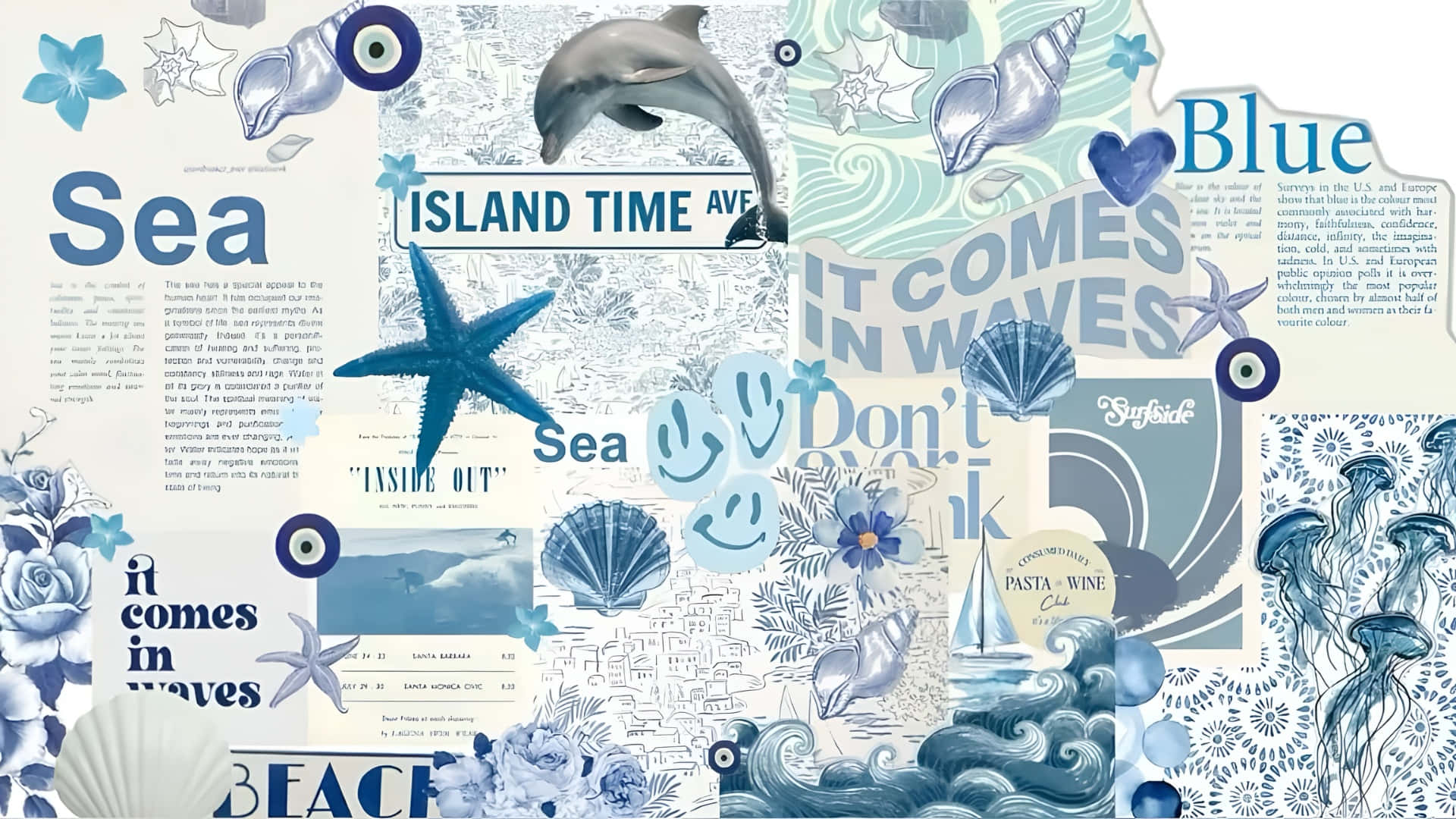 coastal sea blue, dolphins, starfish, Full HD Desktop Wallpaper