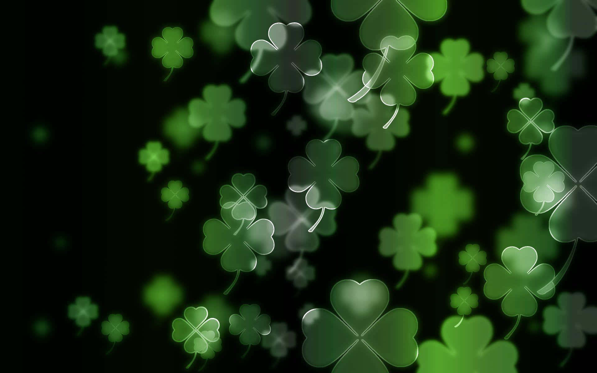 glowing green four leaf clovers, dark background, soft bokeh effects, Full HD Desktop Wallpaper