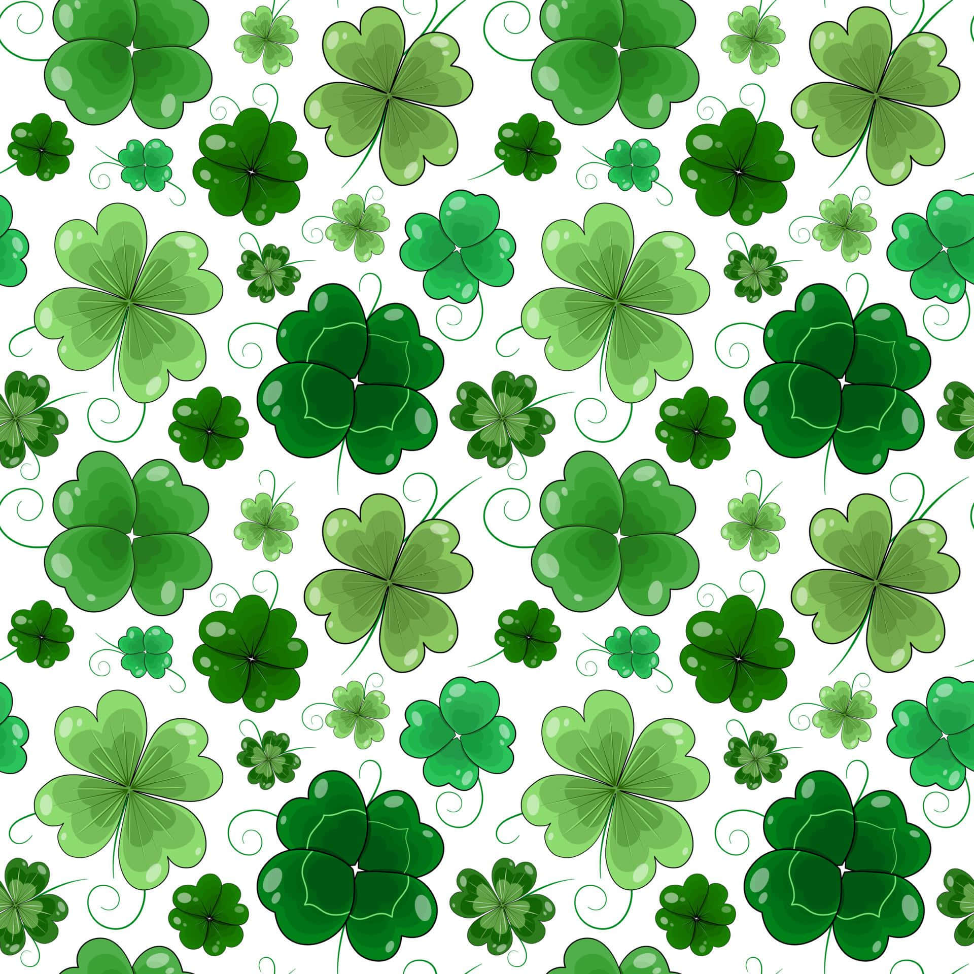 green shamrock pattern, four leaf clovers, swirling stems, Full HD Desktop Wallpaper