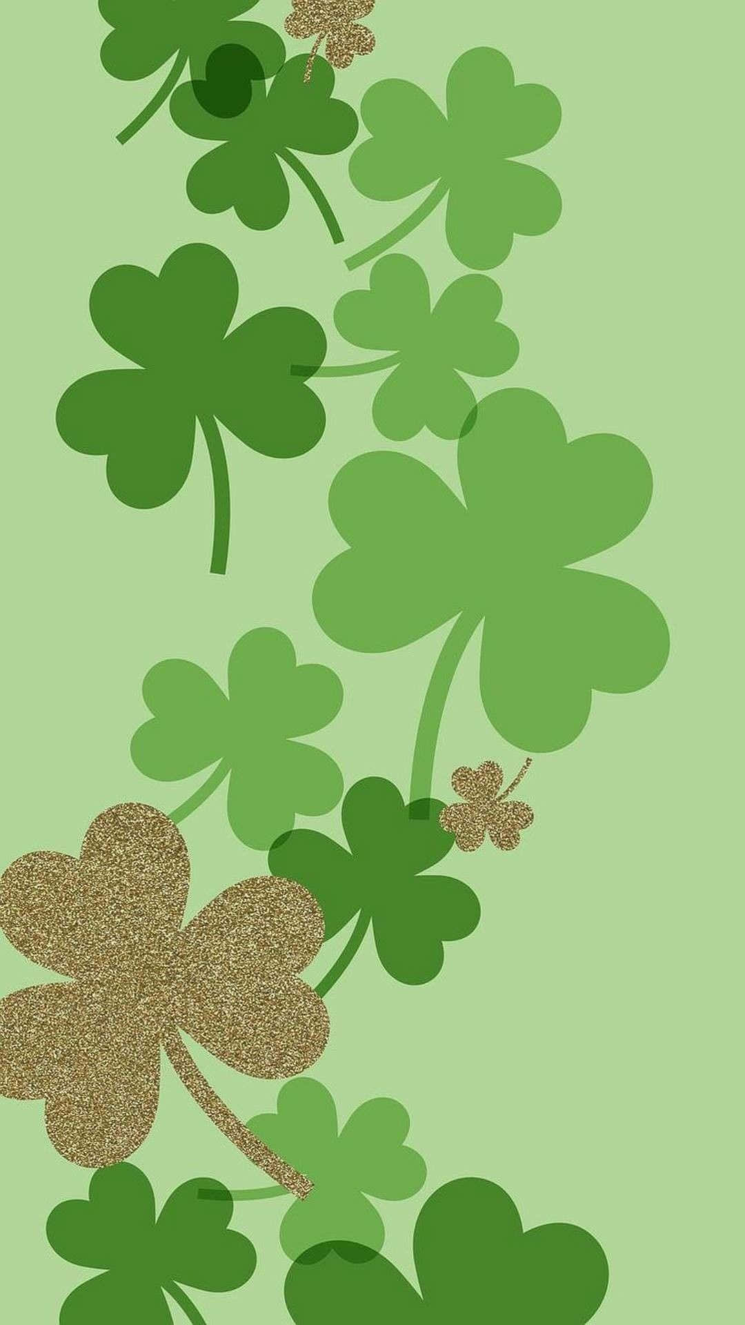 glittering gold shamrock pattern, green shamrocks, glittery gold accents, Full HD Phone Wallpaper