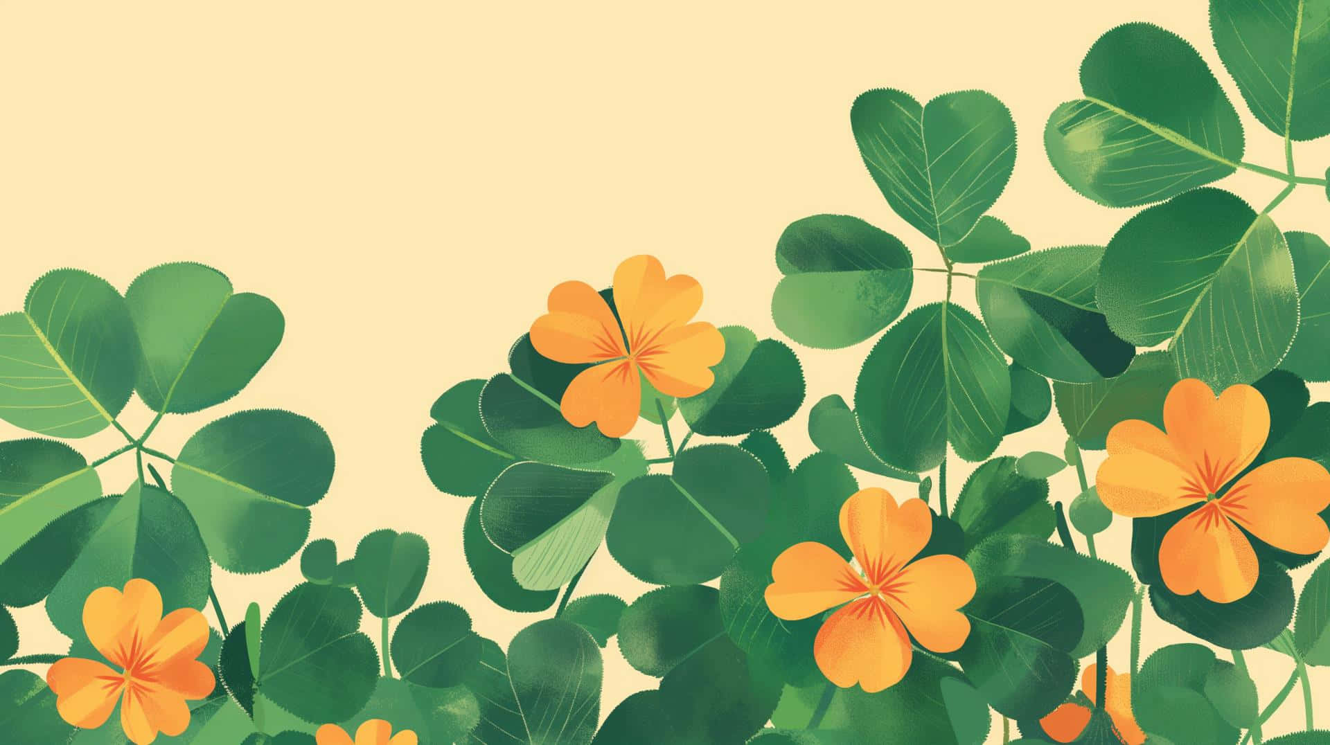 stylized shamrock, vibrant orange flowers, lush green clover leaves, Full HD Desktop Wallpaper