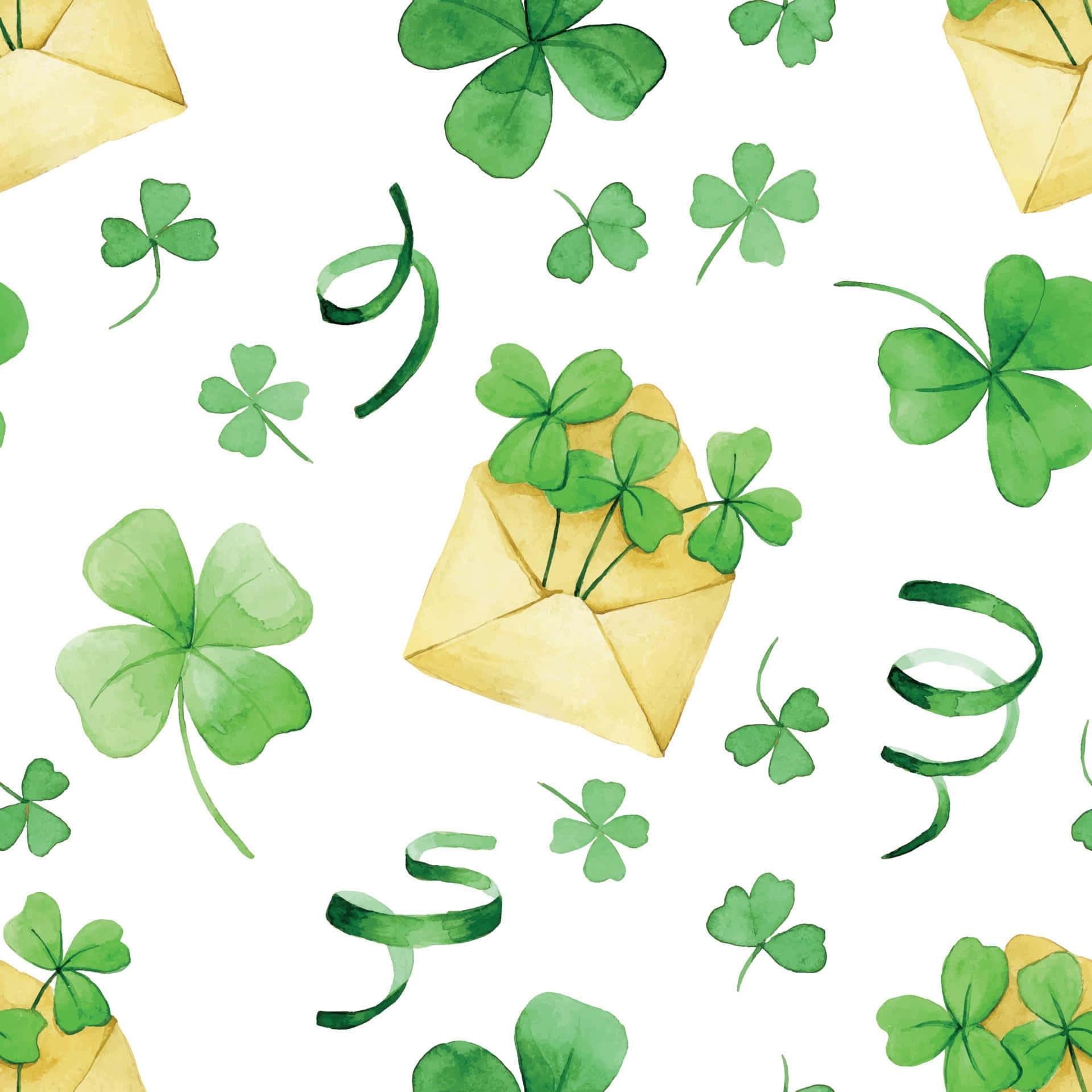 watercolor, green clovers, yellow envelopes, Full HD Desktop Wallpaper