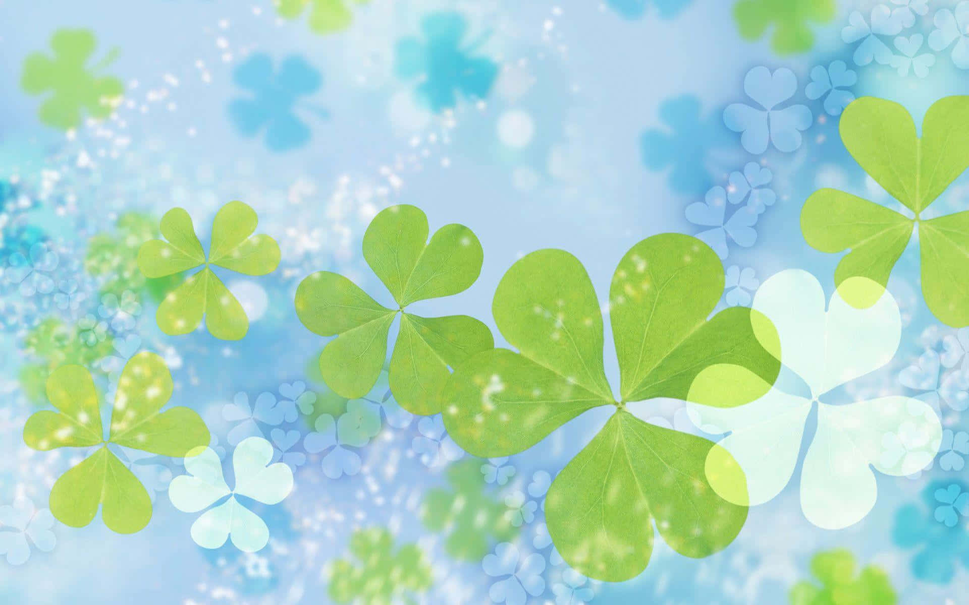Dreamy Shamrock Backdrop, vibrant green four leaf clovers, soft blue background, Full HD Desktop Wallpaper