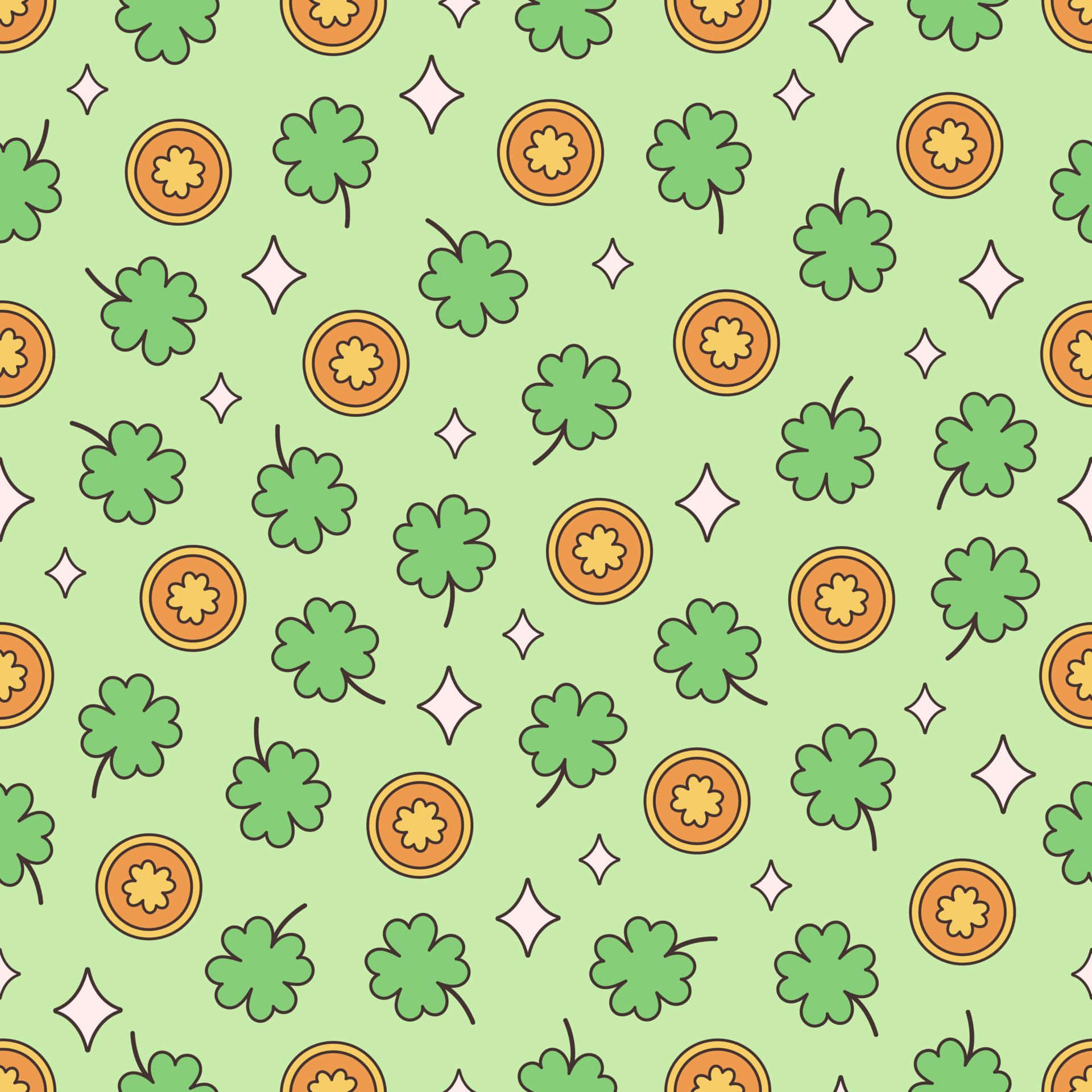 shamrock pattern, green four-leaf clovers, gold coins, Full HD Desktop Wallpaper