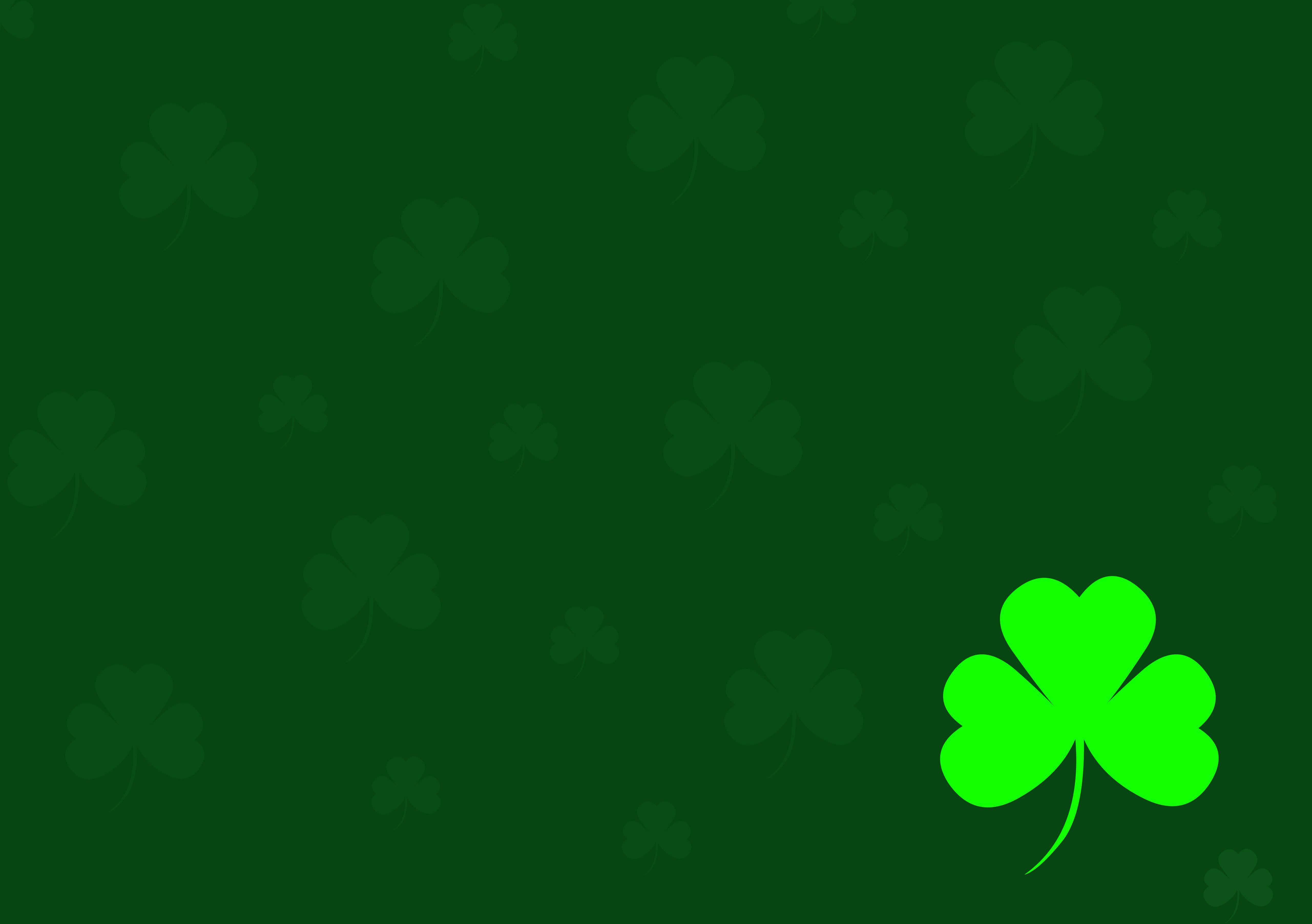 vibrant green four-leaf clover, dark green background, faint clovers, 5K Desktop Wallpaper