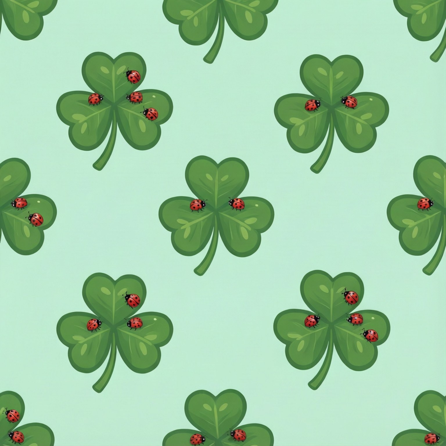 shamrock ladybug pattern, green shamrocks, red ladybugs, HD Desktop Wallpaper
