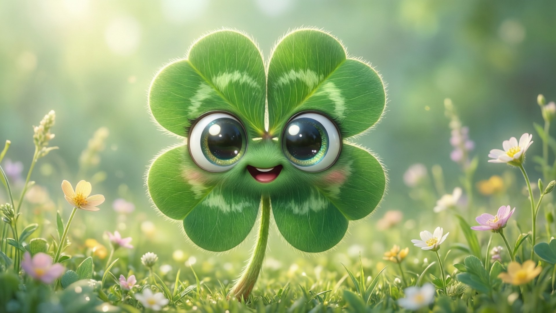 Smiling Shamrock Meadow, four leaf clover, sunlit meadow, Full HD Desktop Wallpaper