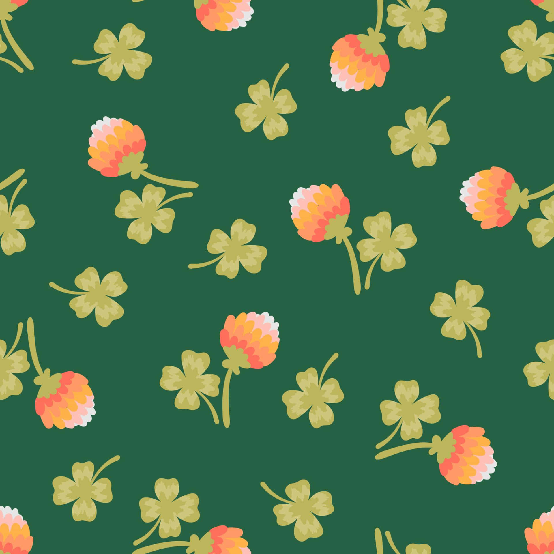 floral shamrock pattern, clover leaves, orange-pink flowers, Full HD Desktop Wallpaper