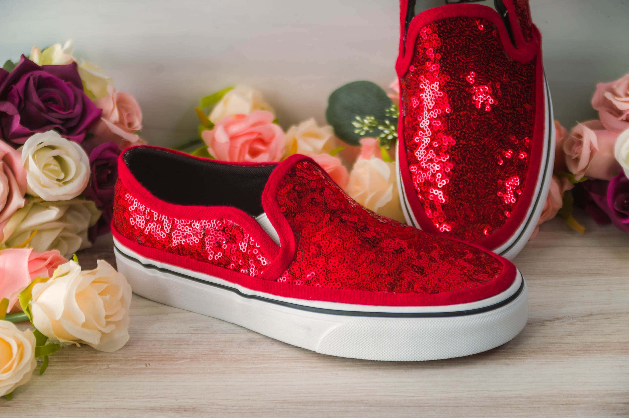 red shoes, sequined slip-on sneakers, wooden surface, Full HD Desktop Wallpaper