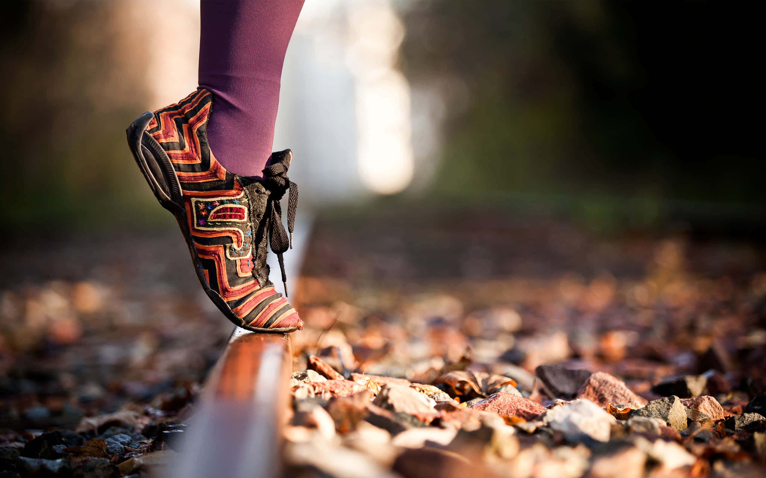 cute shoes, colorful patterned shoe, railway track, 2K Desktop Wallpaper