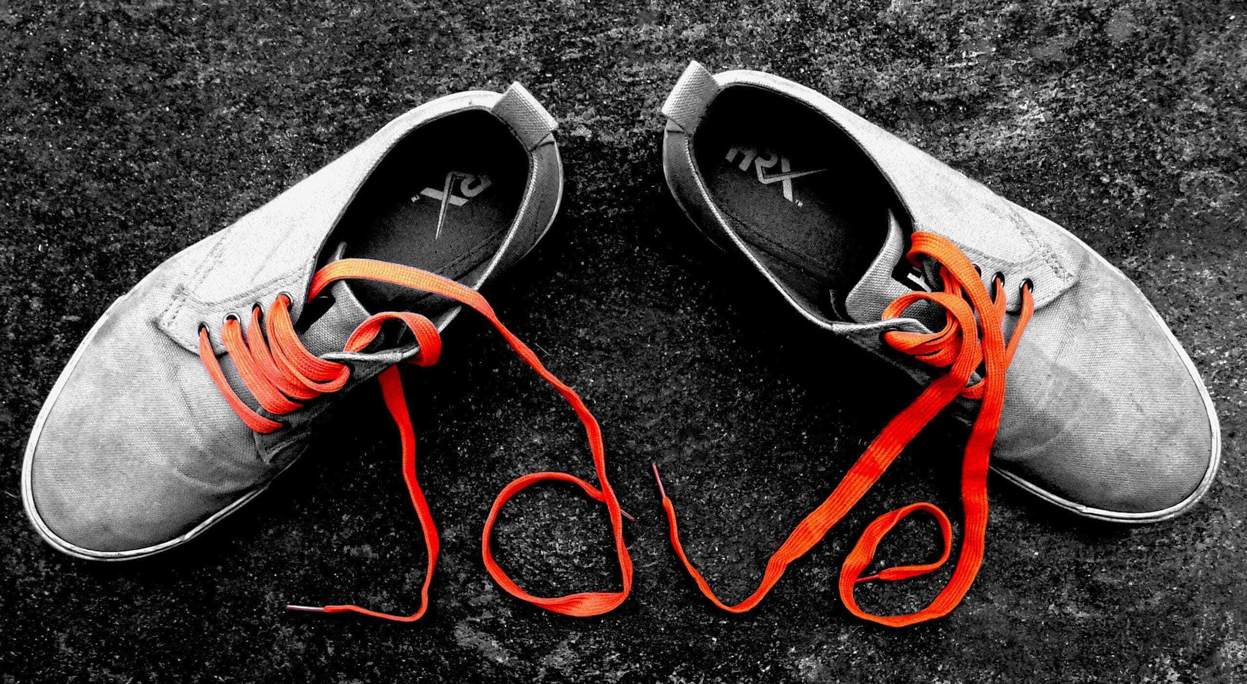 gray sneakers, vibrant orange laces, spell love, 2K Desktop Wallpaper