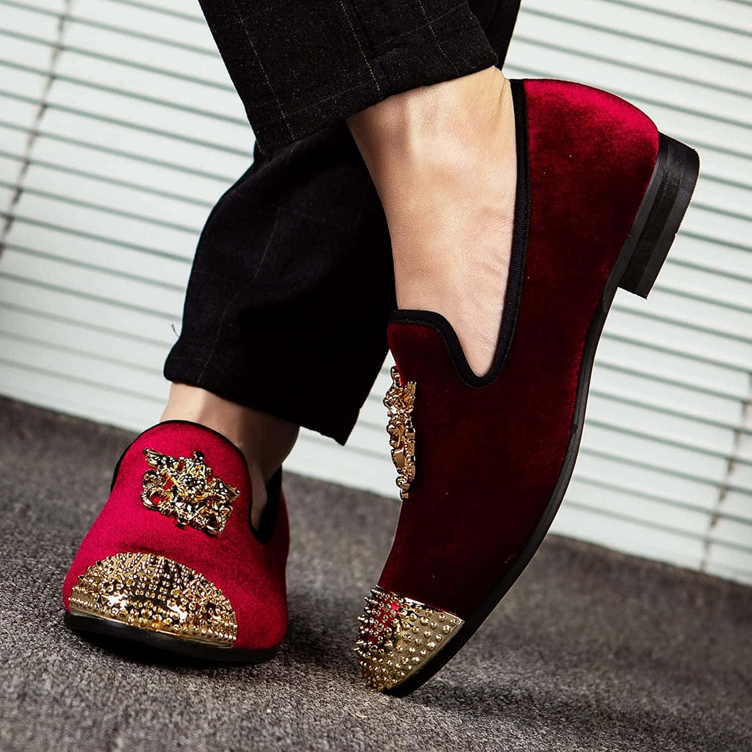 red velvet loafers, gold embellishments, white blind background, HD Desktop Wallpaper