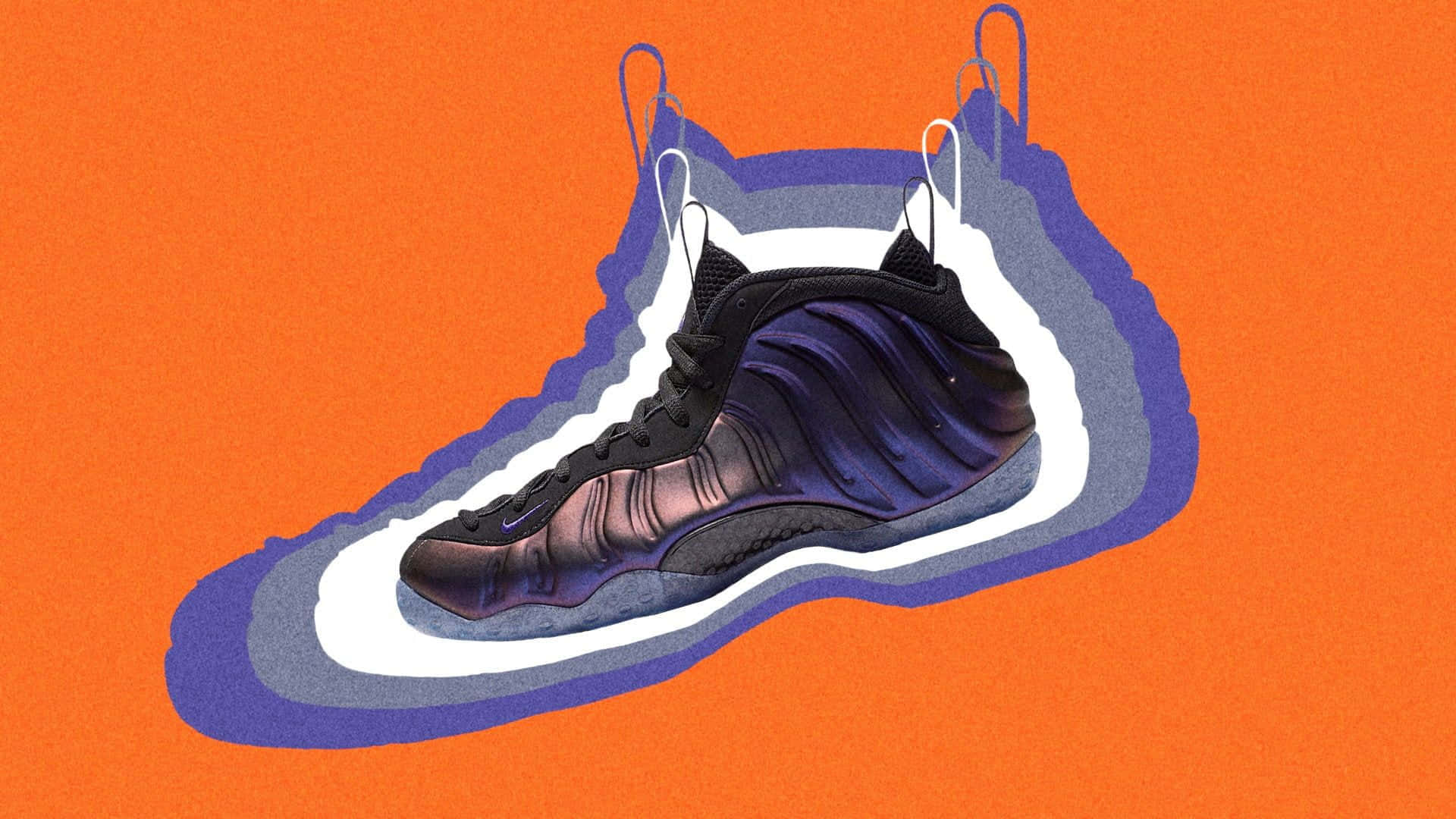 glossy purple and black high-top sneaker, vibrant orange background, layered blue and white shadows, Full HD Desktop Wallpaper