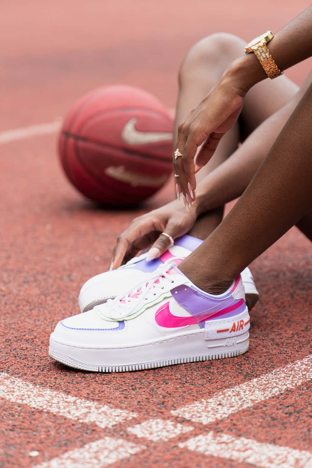 vibrant pink and purple sneakers, red basketball court, basketball, HD Phone Wallpaper