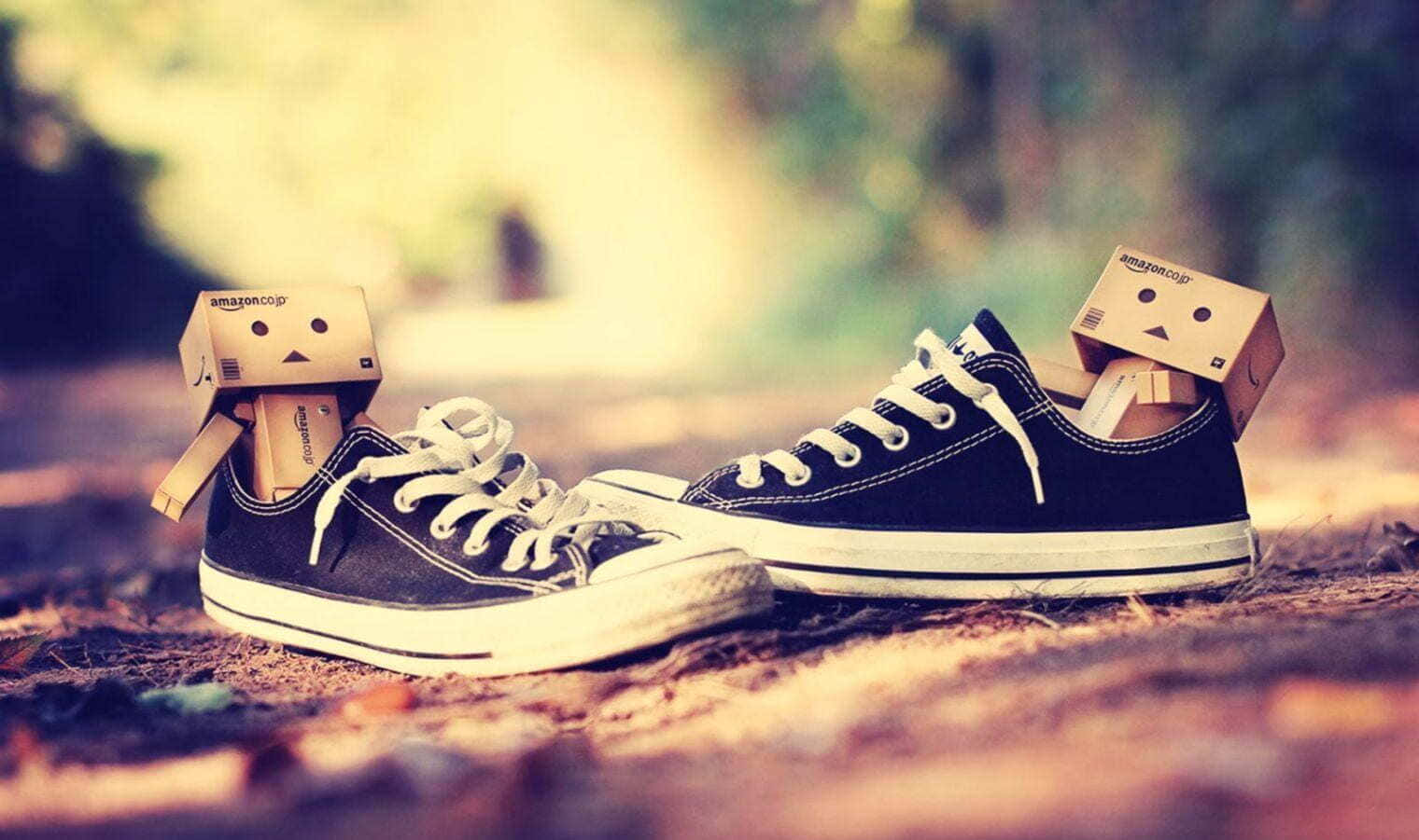 black sneakers, cardboard Danbo heads, leafy forest floor, HD Desktop Wallpaper