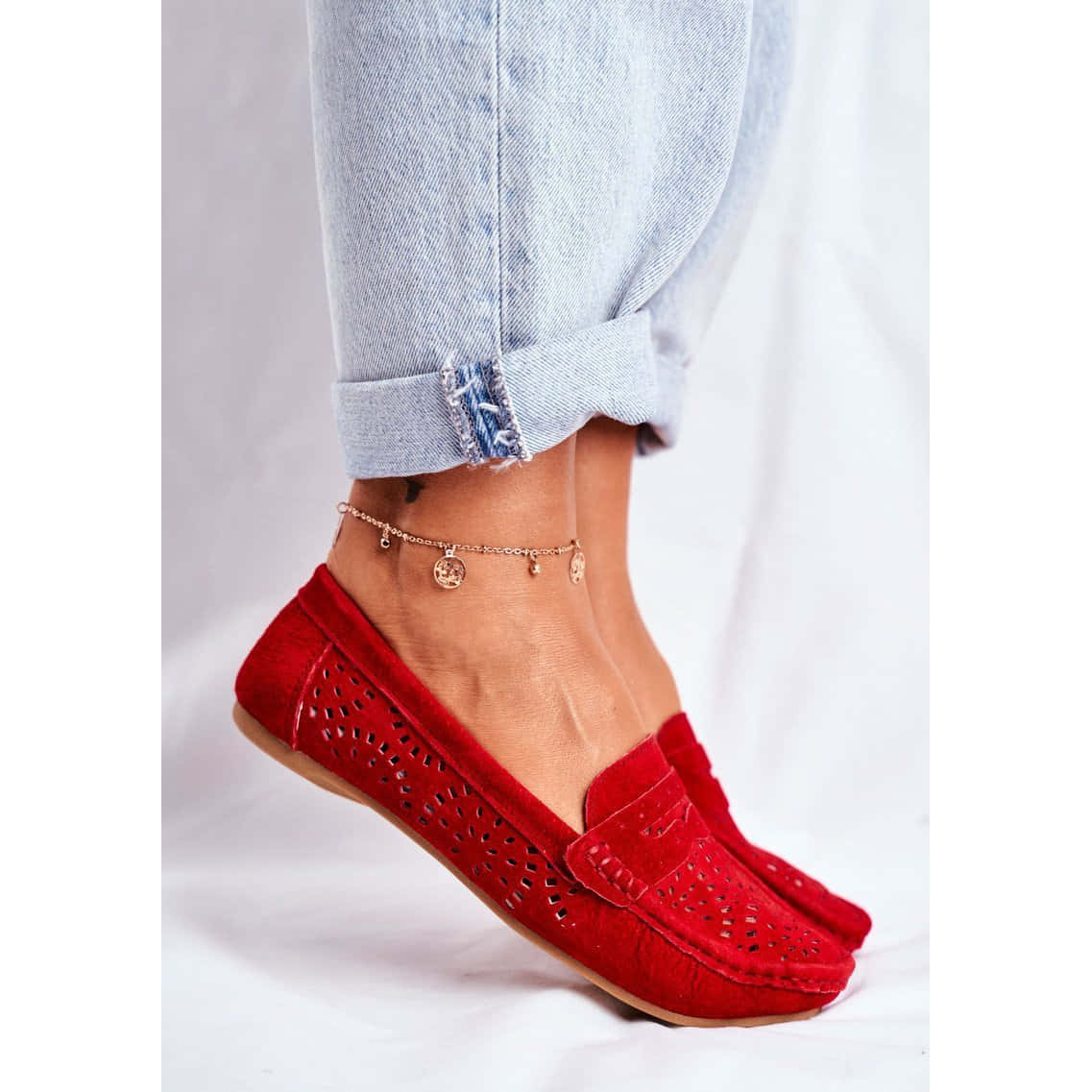 red suede loafers, cutout patterns, cuffed light blue jeans, SD Desktop Wallpaper