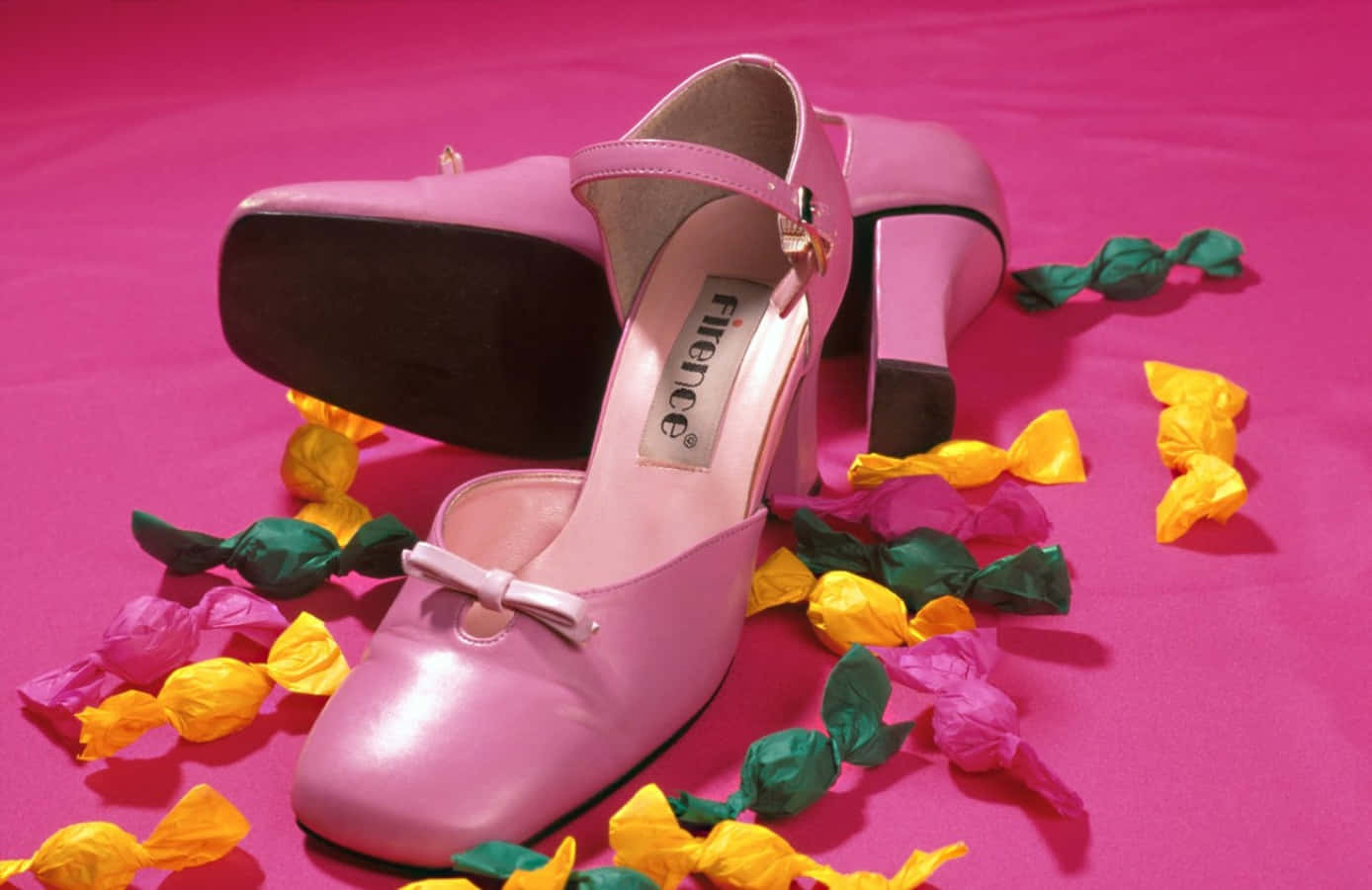 shiny pink high heels, bows, vibrant pink surface, HD Desktop Wallpaper