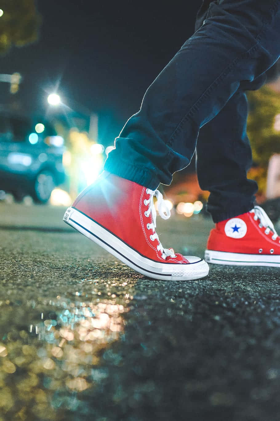 red high-top sneakers, city lights, rain-slicked street, HD Phone Wallpaper